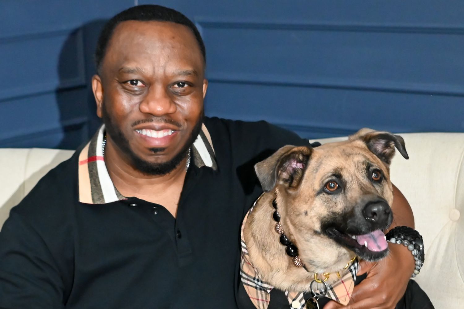 Series of outdoor portraits showing affectionate moments between a person and their brown dog.