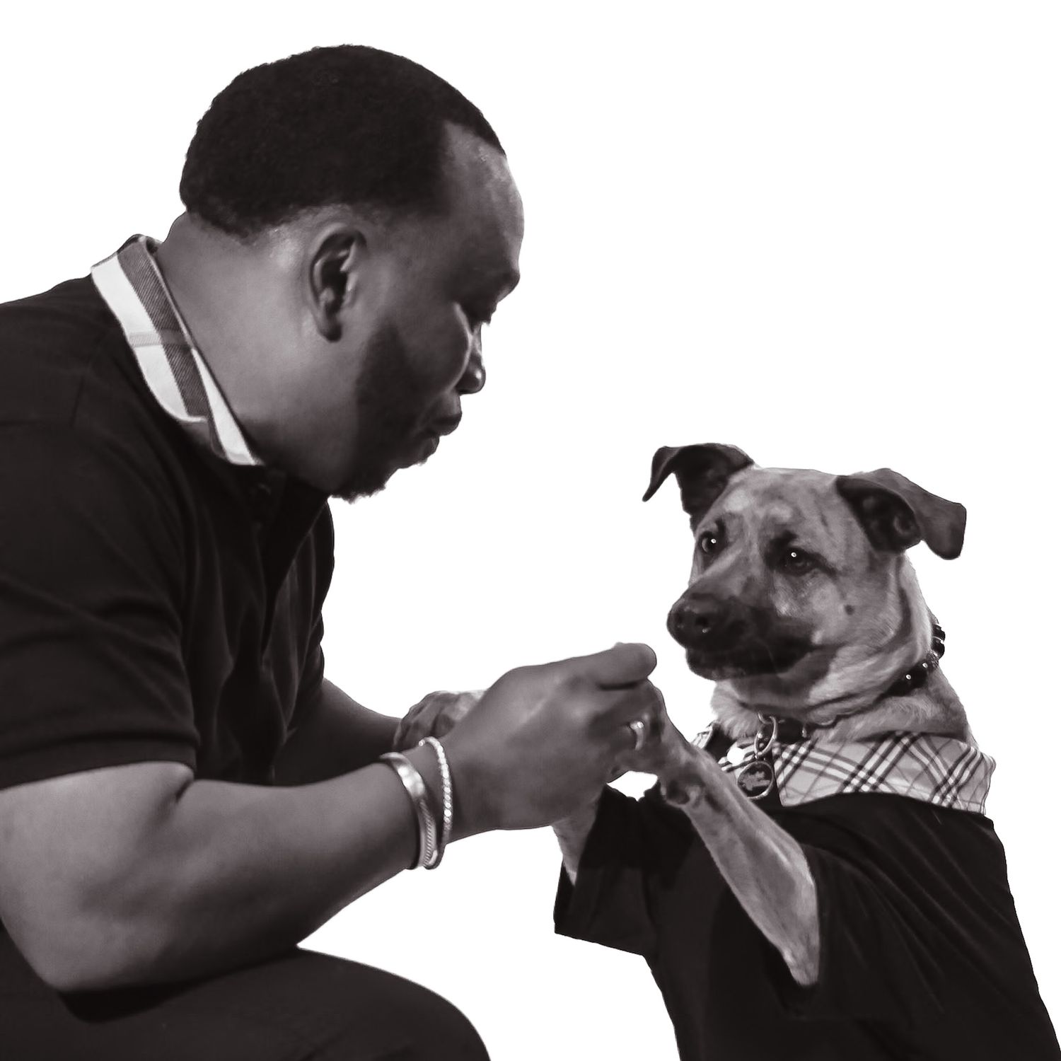 Black and white photo series showing tender moments between a person and their dog.