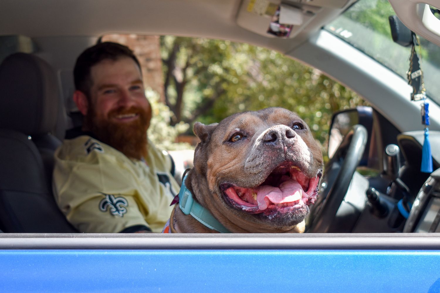 A sequence of car selfies showing a happy dog with its tongue out enjoying a ride.