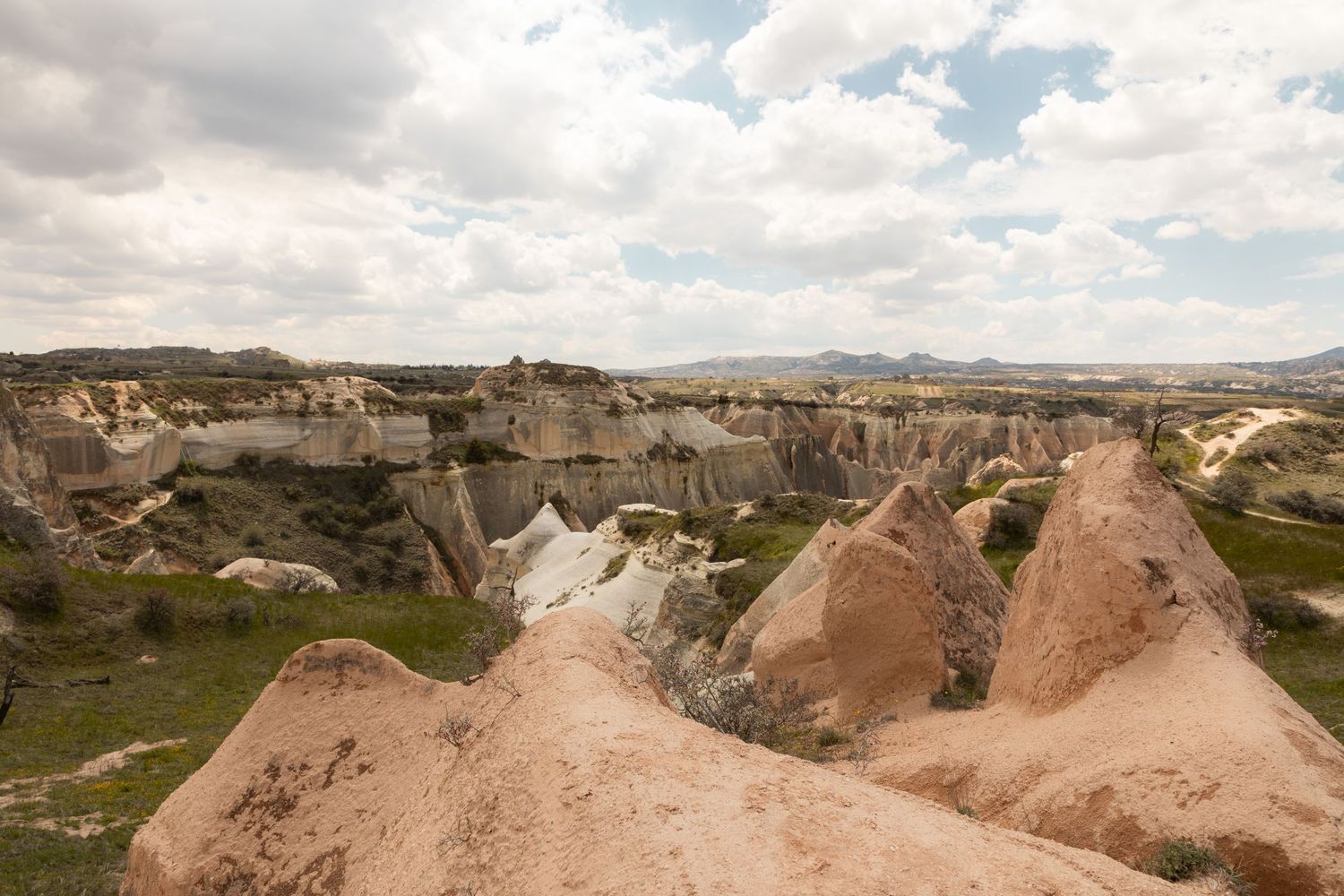 Panoramic view of Cappadocia's eroded volcanic landscape featuring cone-shaped fairy chimneys under a cloudy sky.