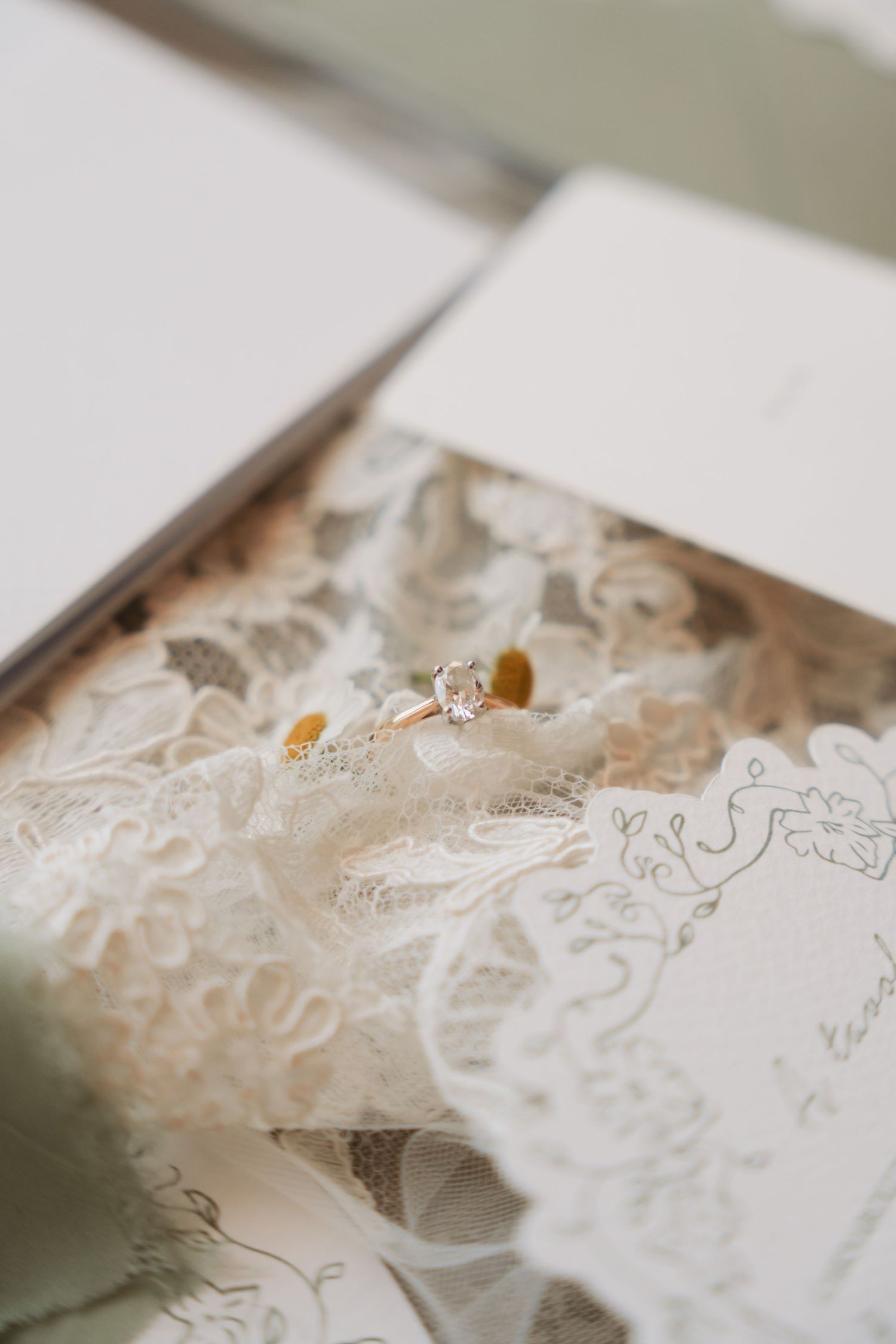 Diamond solitaire engagement ring resting on delicate lace fabric inside an elegant box with wedding stationery.