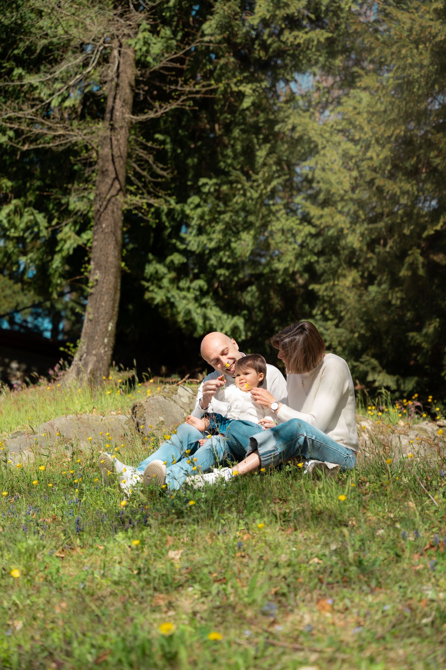 Happy family with young child sitting together on grass in a sunny forest park.