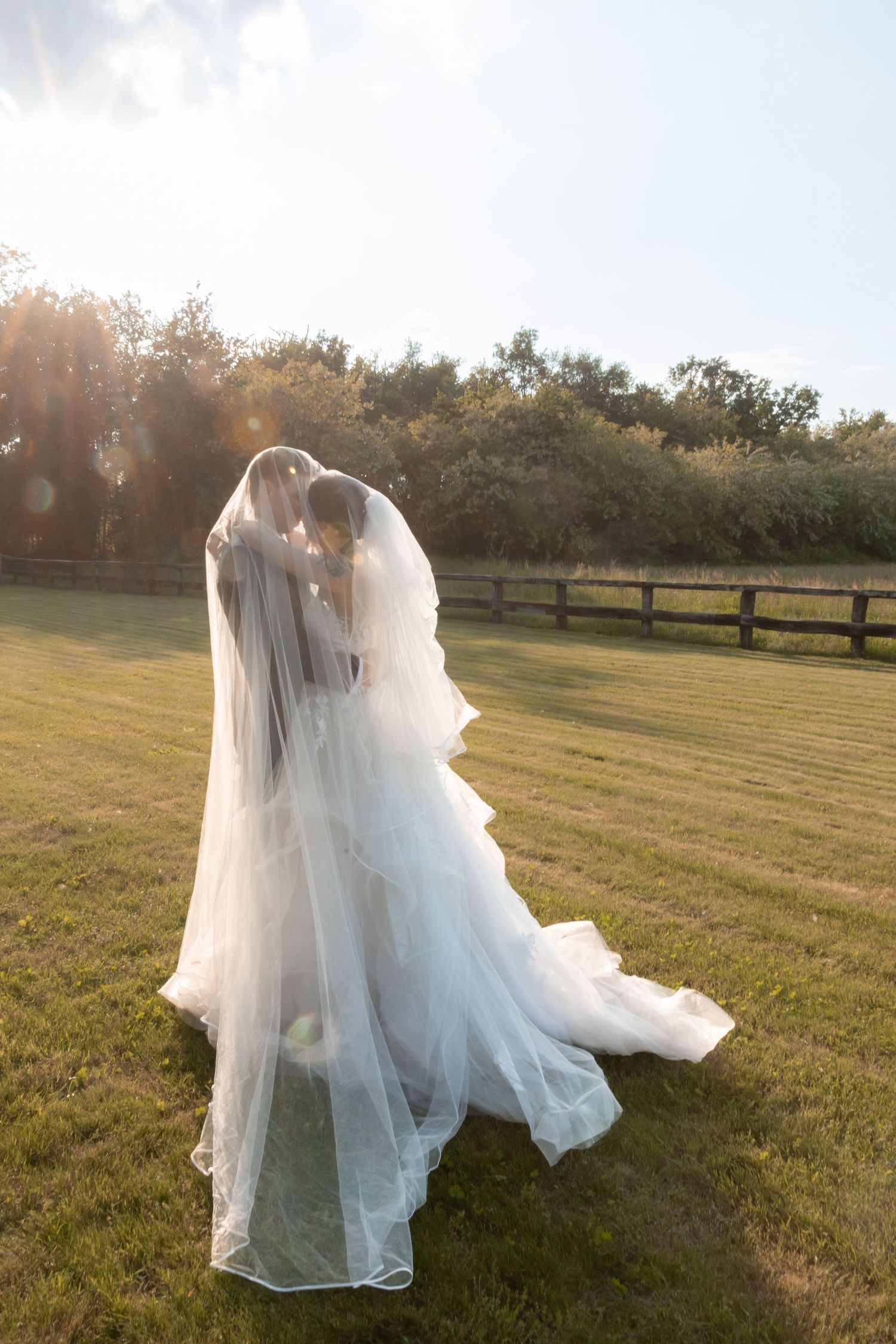Bride and groom kiss under a flowing veil in golden sunset light on a green lawn.