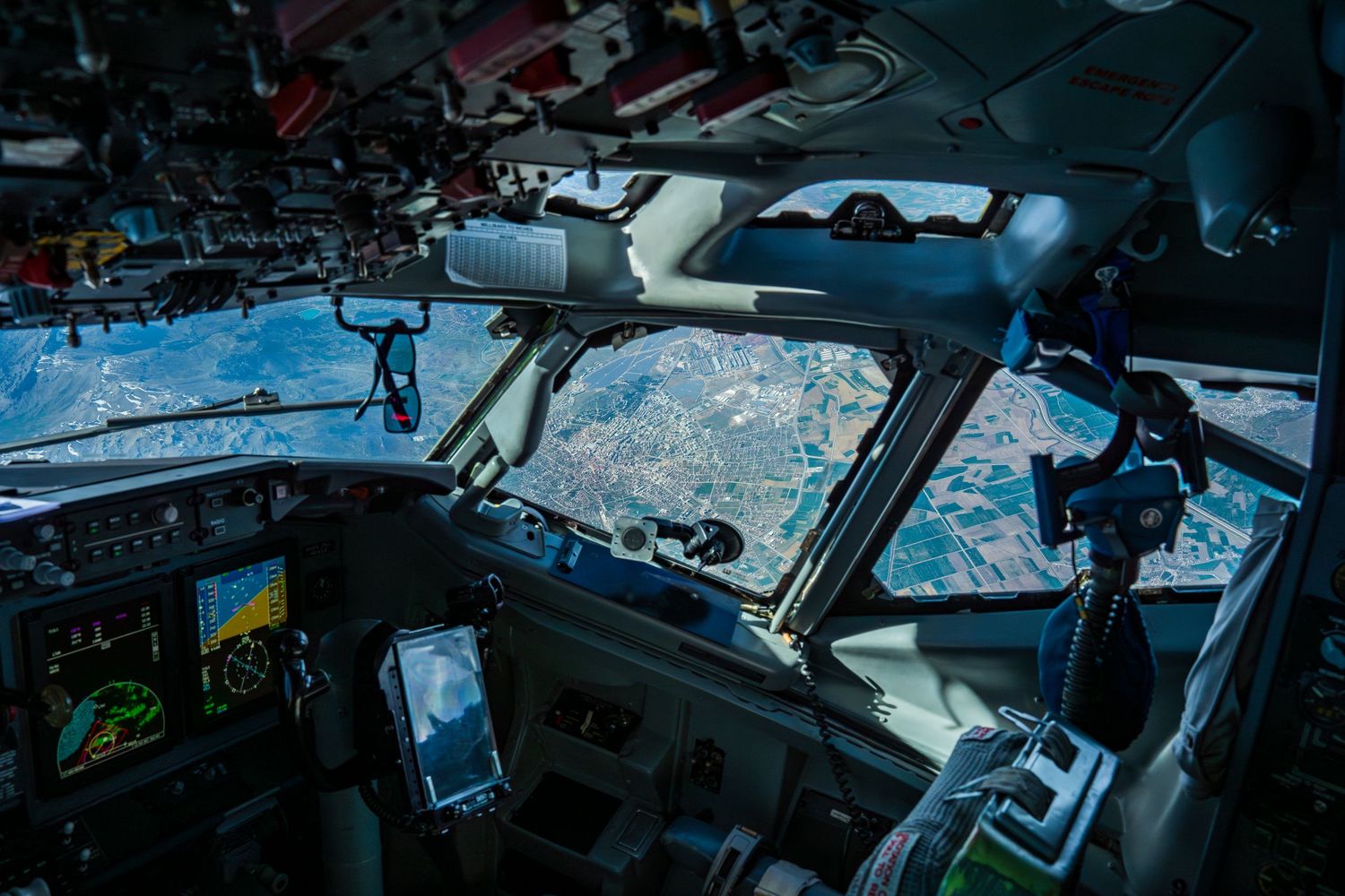 A cockpit image of an NATO AWACS E-3A aircraft while in flight.