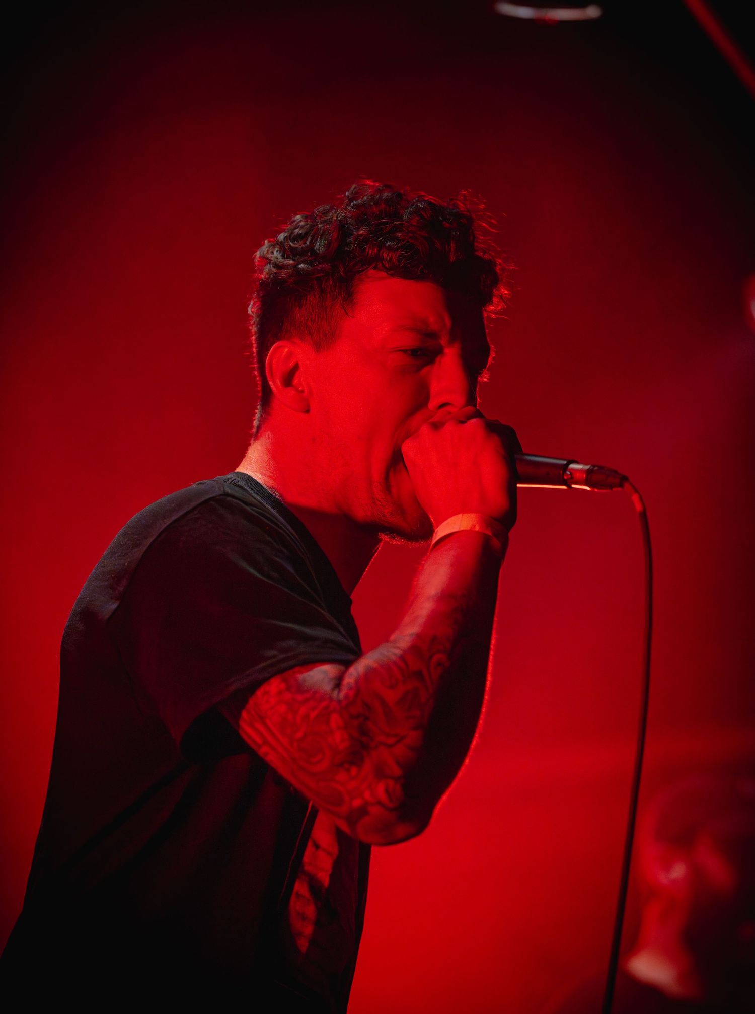 A dramatic silhouette of a singer against a deep red background creates a moody atmospheric portrait in low lighting during a live show.