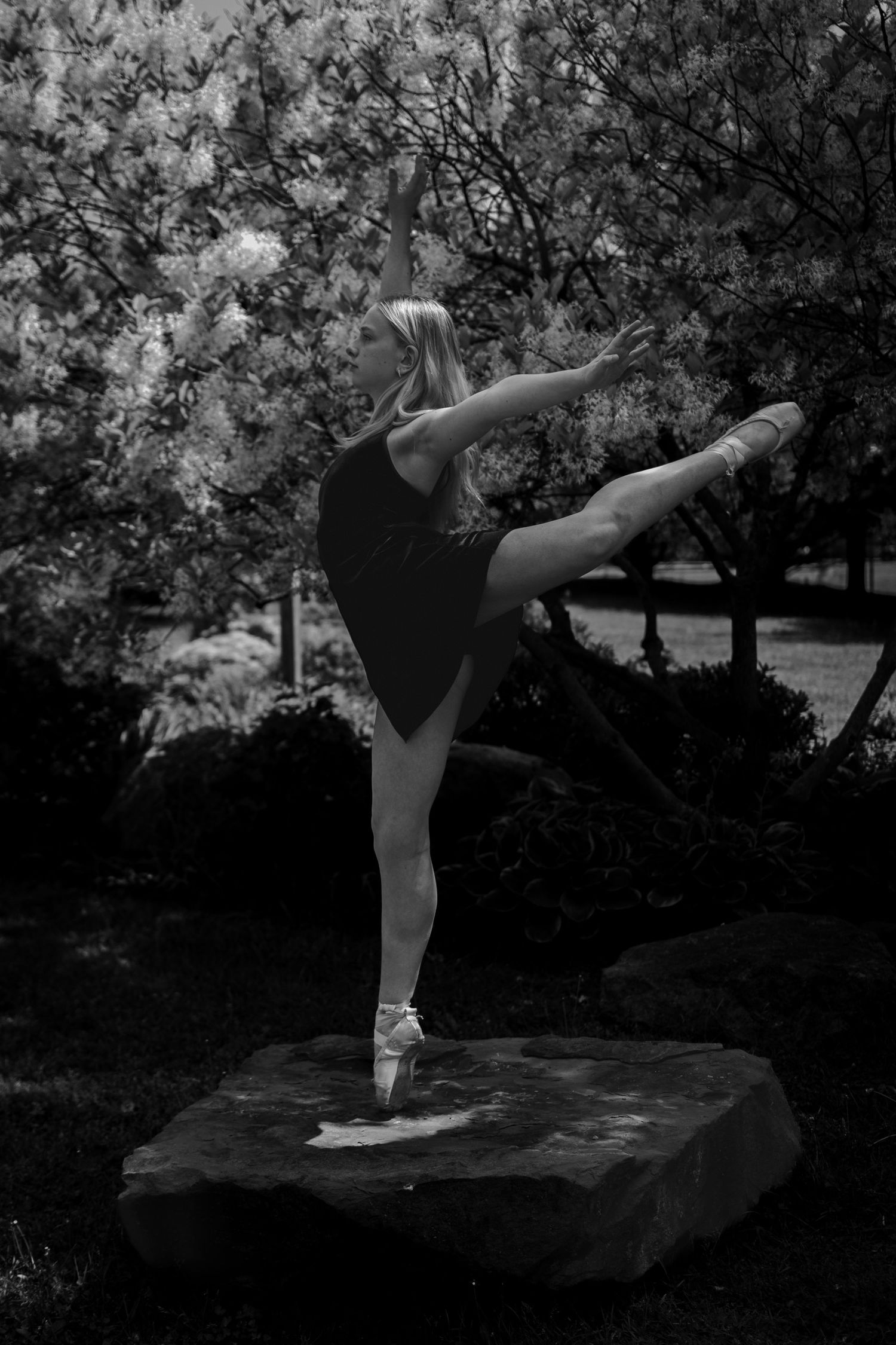 B&W high-contrast dance photo en pointe at Kent Park, Webster NY. Dramatic summer portrait.