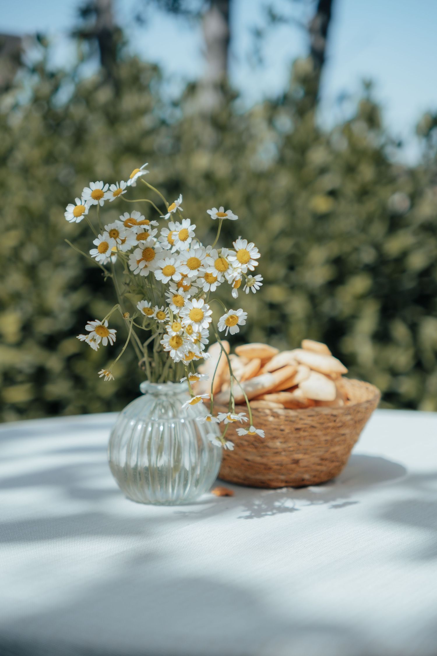 Small glass vase of white daisies beside a wicker basket of crackers on a white tablecloth at an outdoor wedding.