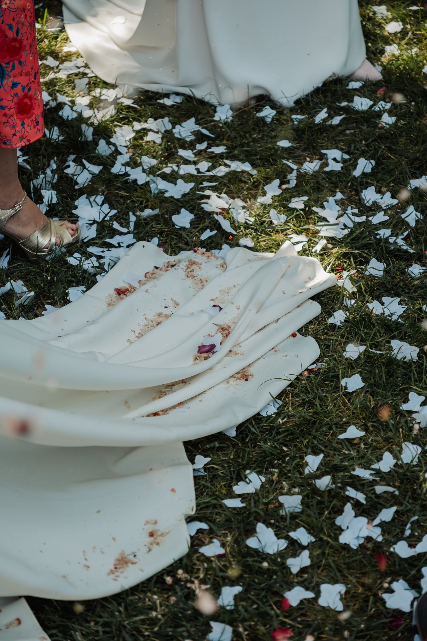 White bridal gown train lying on green grass covered with scattered white confetti petals outdoors.