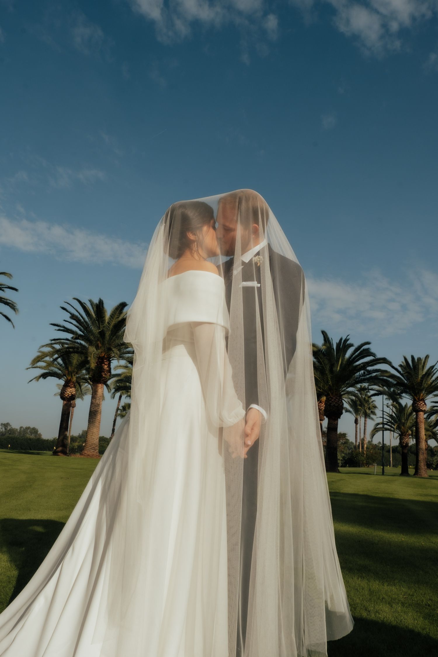 Bride and groom kissing under a sheer veil surrounded by palm trees on a sunny wedding day.