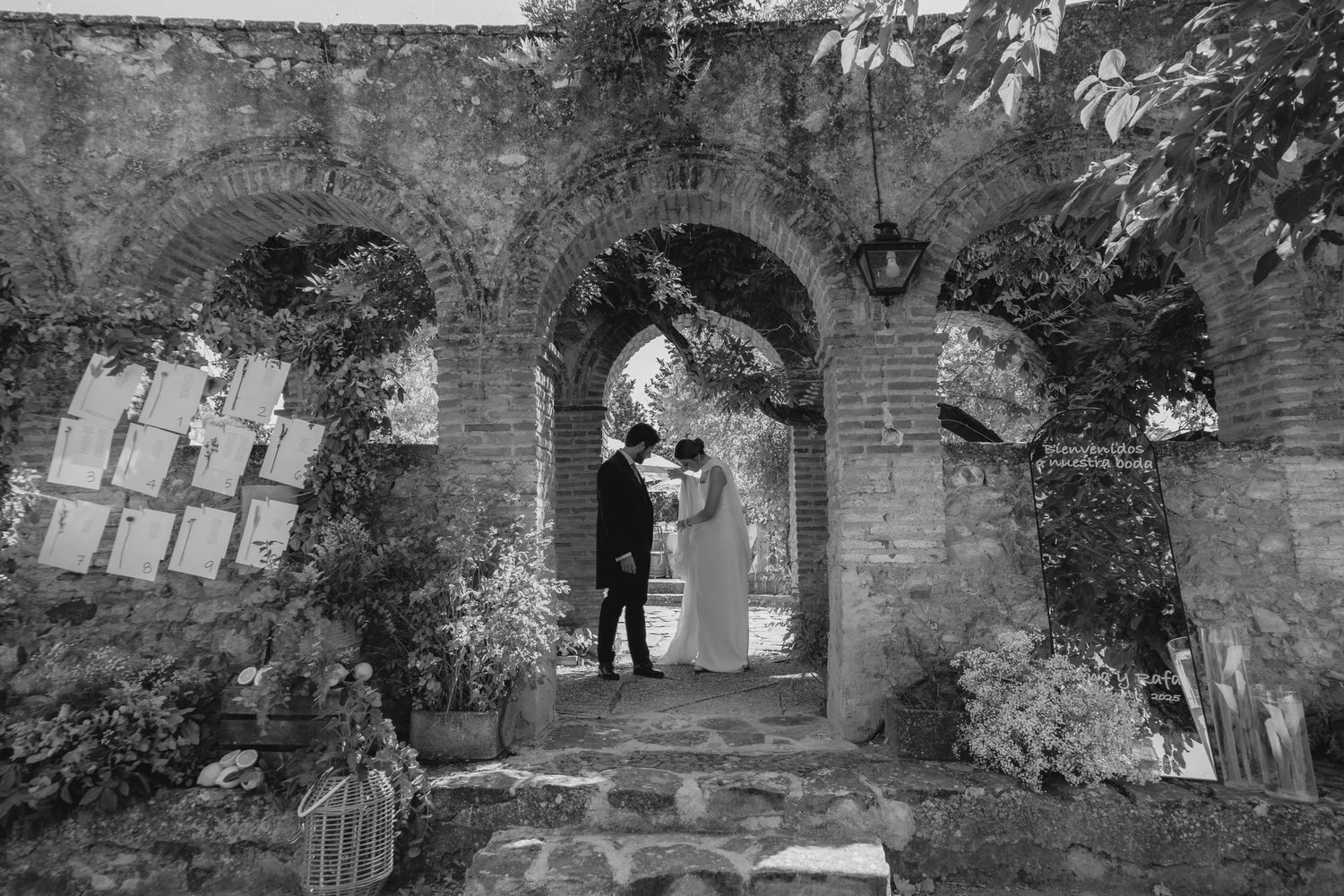 Black and white romantic photo of bride and groom sharing a kiss under a stone arch covered in lush greenery.