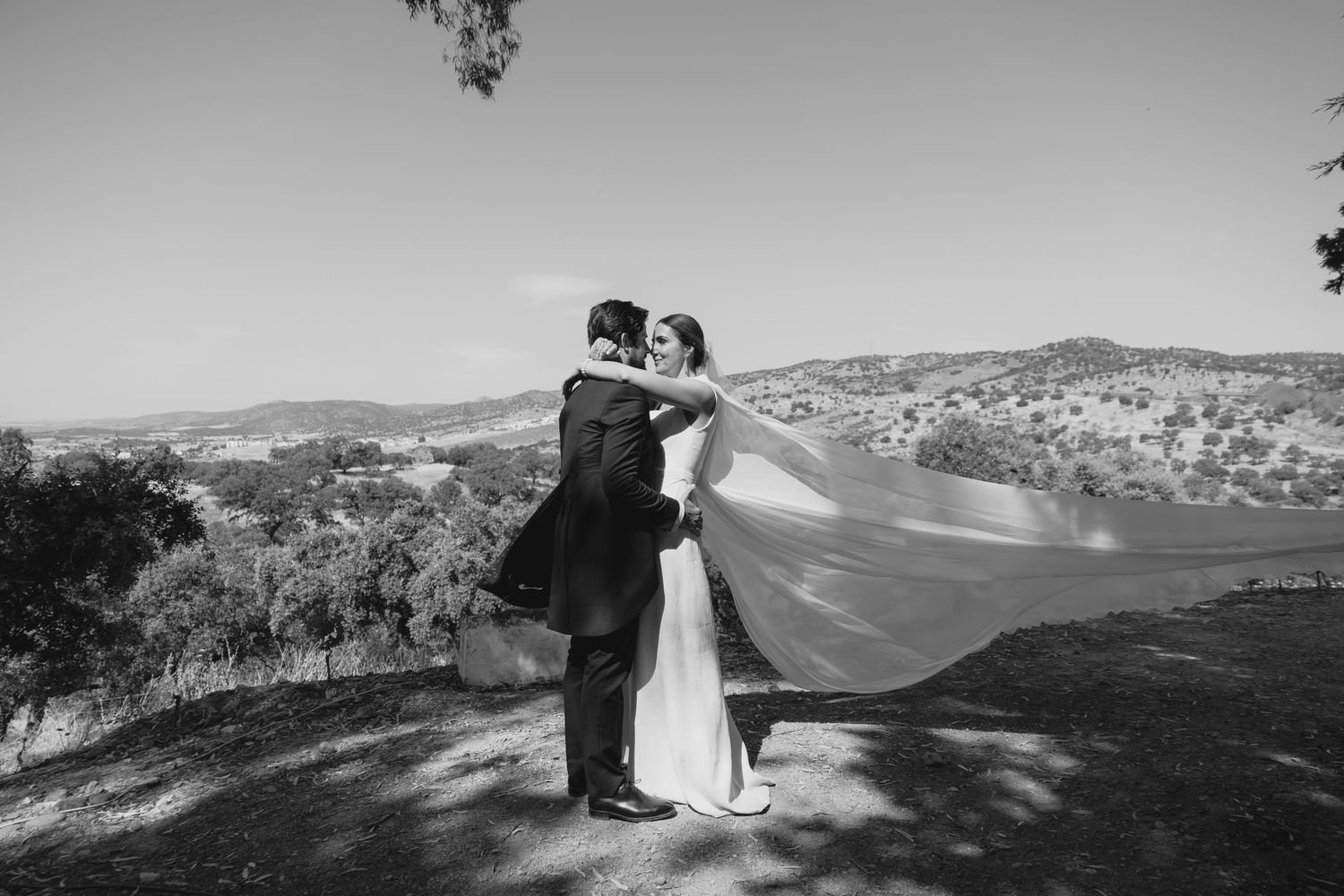 Black and white photo of bride and groom embracing with veil billowing in wind over scenic hills.
