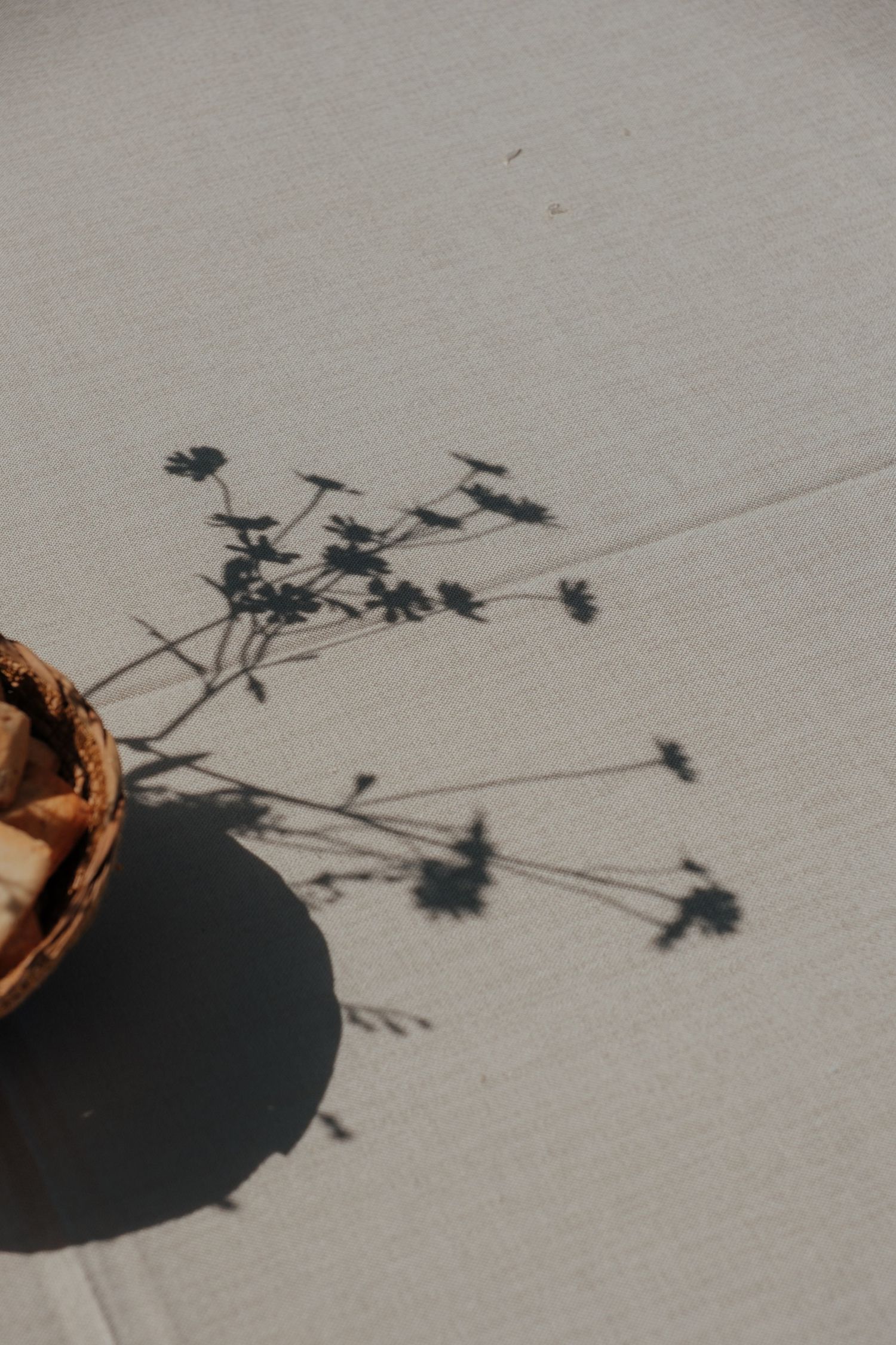 Shadow of delicate wildflowers cast on light grey linen tablecloth beside rustic wooden bowl.