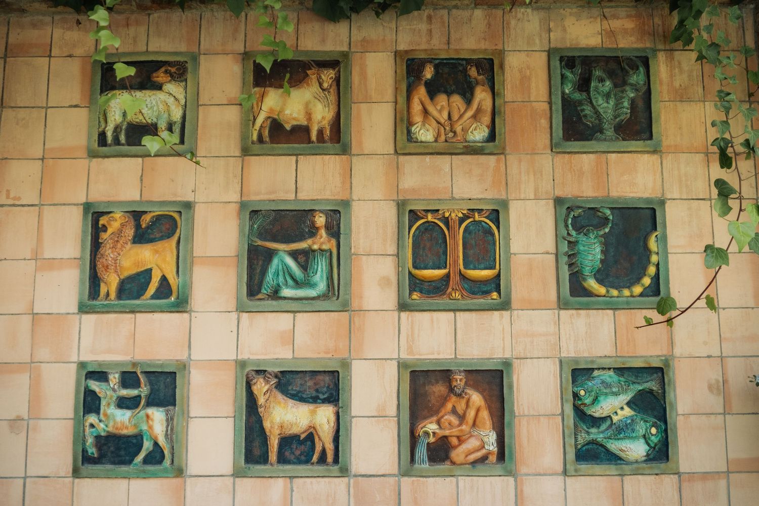 Decorative wall tiles featuring all twelve zodiac signs with colorful artwork.