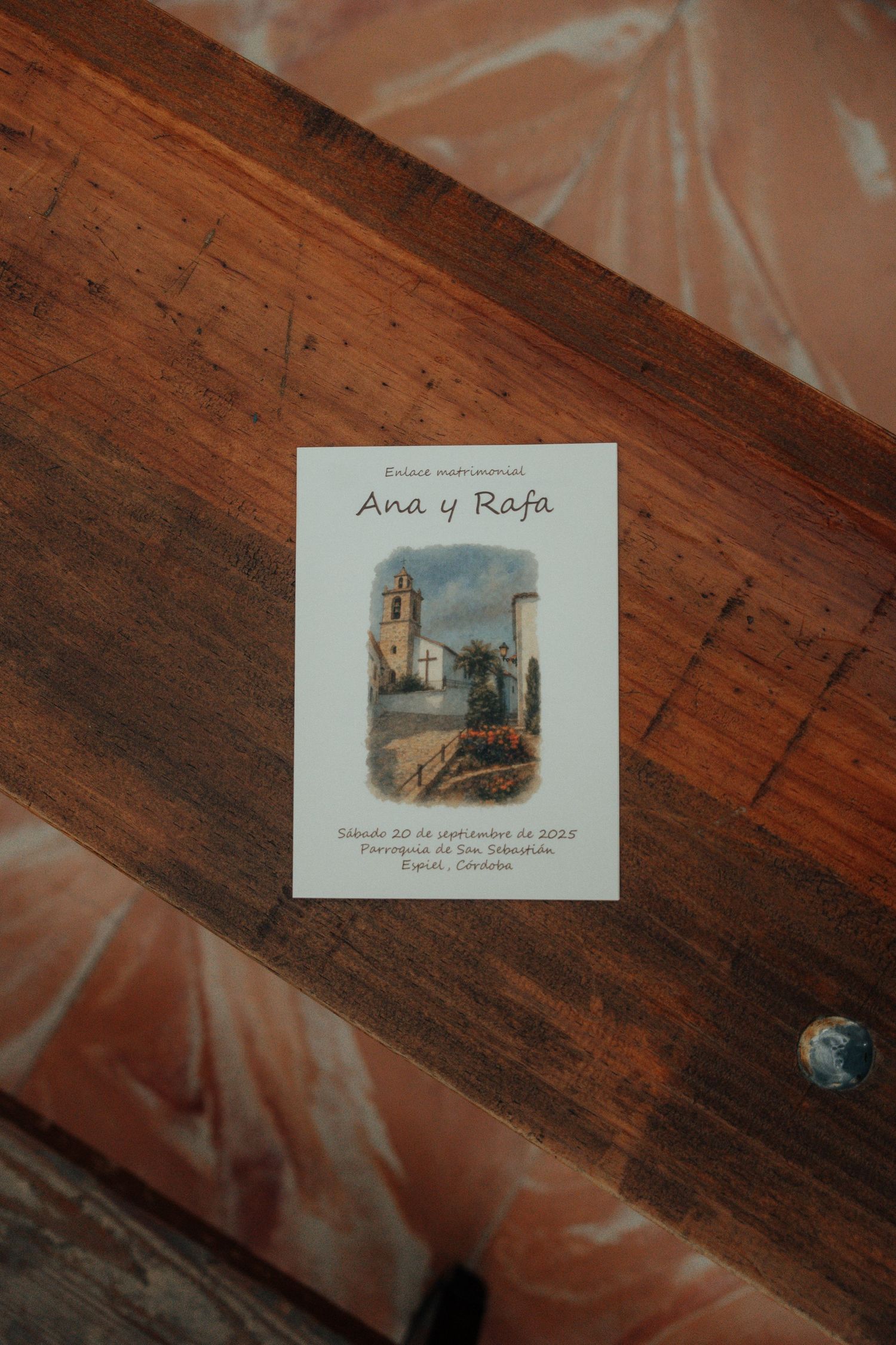 Wedding program card for Ana y Rafa dated September 2023 at Parroquia de San Sebastian, Rute, Cordoba.