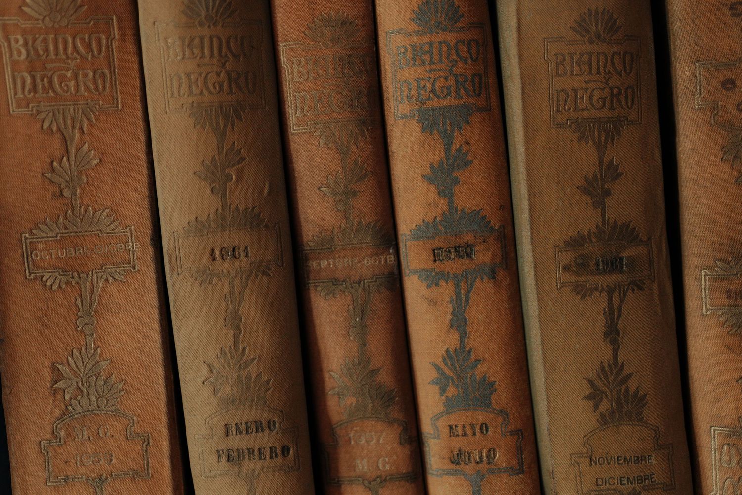 Row of antique leather-bound books with ornate gold embossed spines on a shelf.