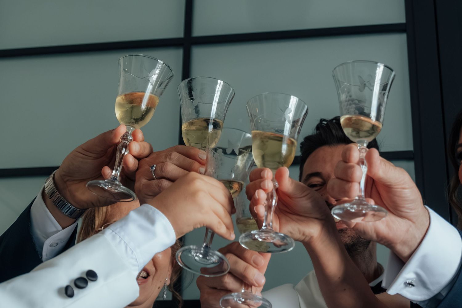Group of people toasting with champagne glasses at a formal wedding celebration.