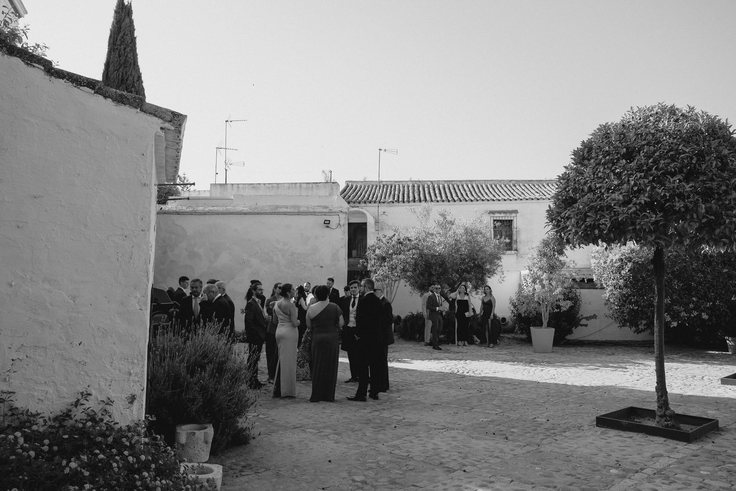 Black and white photo of wedding guests gathering in a rustic whitewashed Spanish courtyard.
