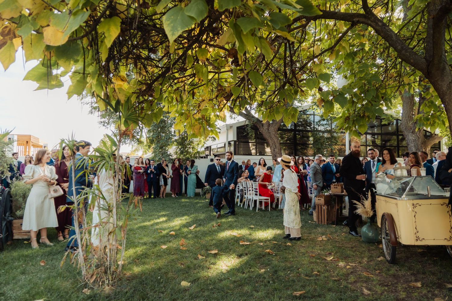 Large outdoor wedding gathering with guests mingling under a tree beside a vintage carriage.