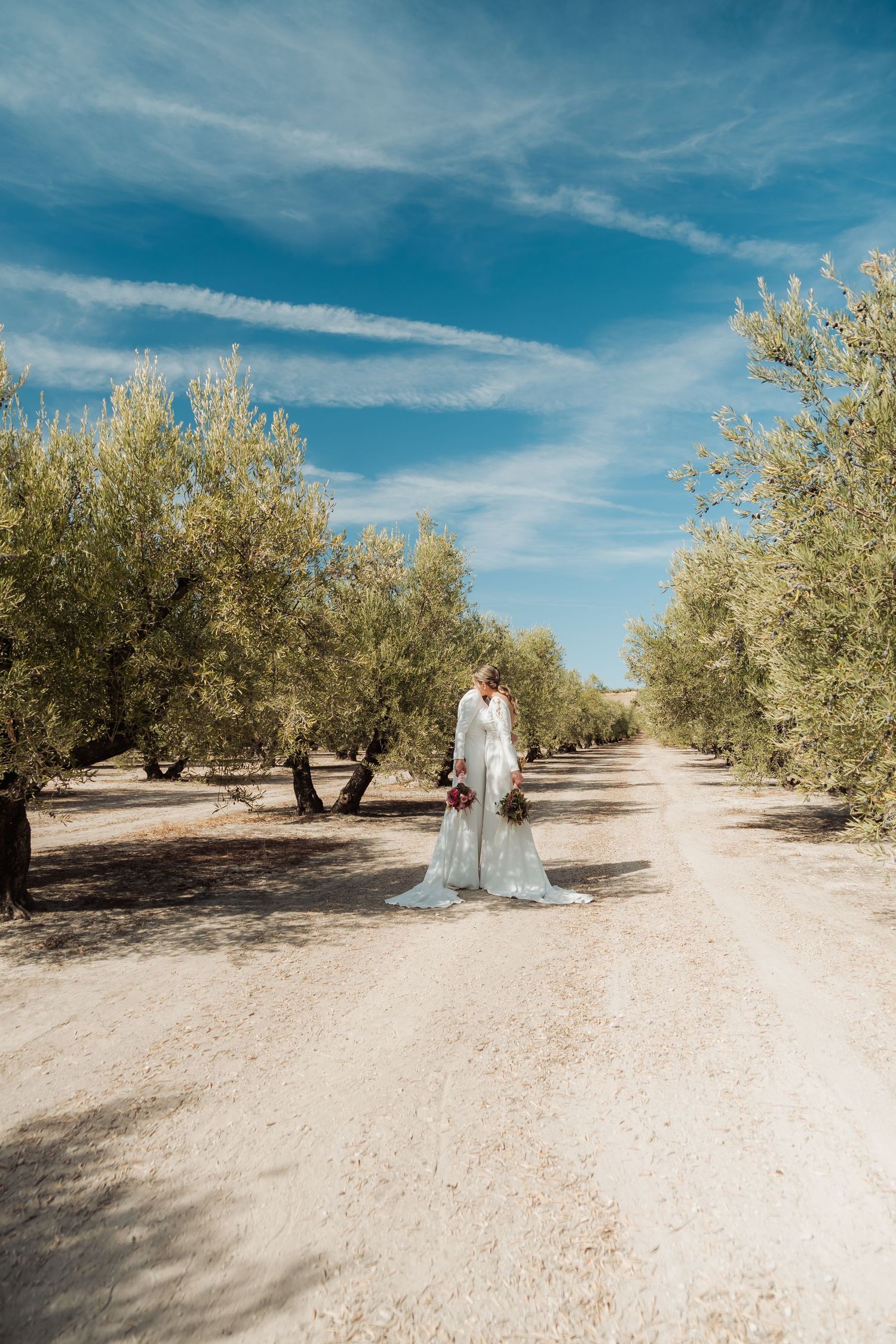 A bride in a white gown stands alone on a sandy path lined with olive trees under blue sky.