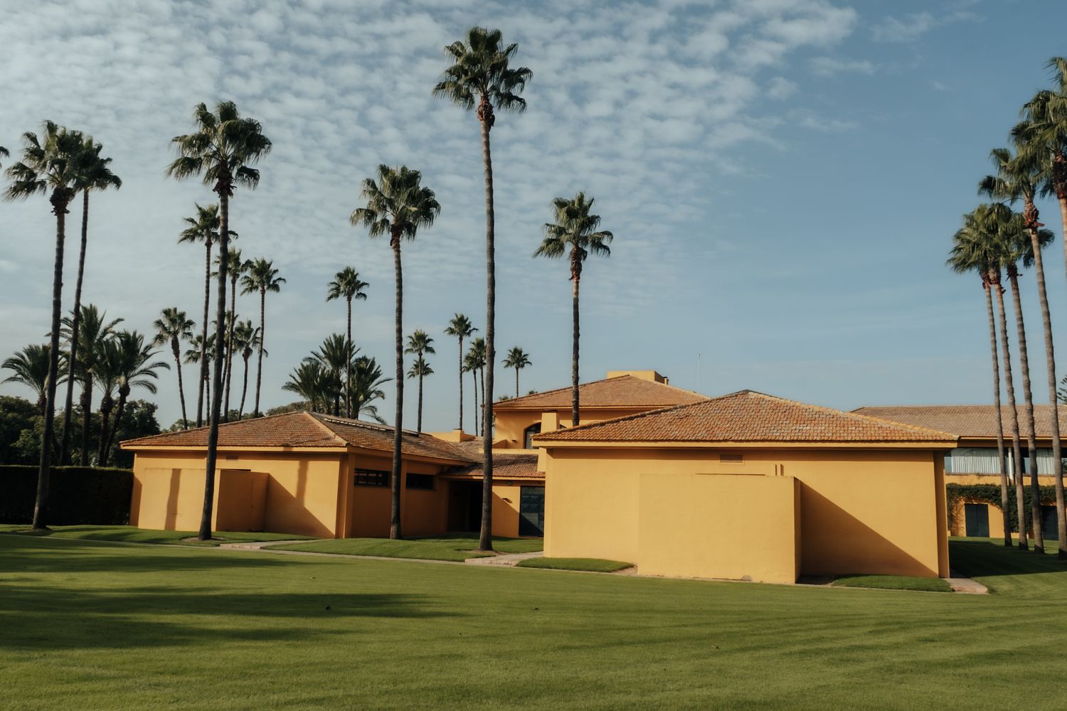 Yellow Spanish-style venue building surrounded by tall palm trees on manicured green lawn under blue sky.