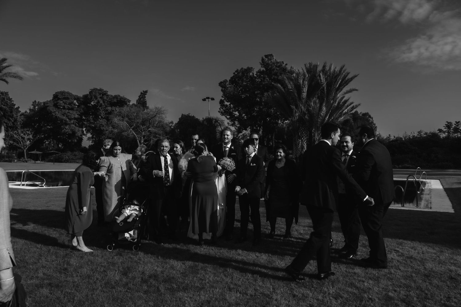 Wedding guests mingle on a sunlit lawn surrounded by palm trees in a candid black and white photograph.