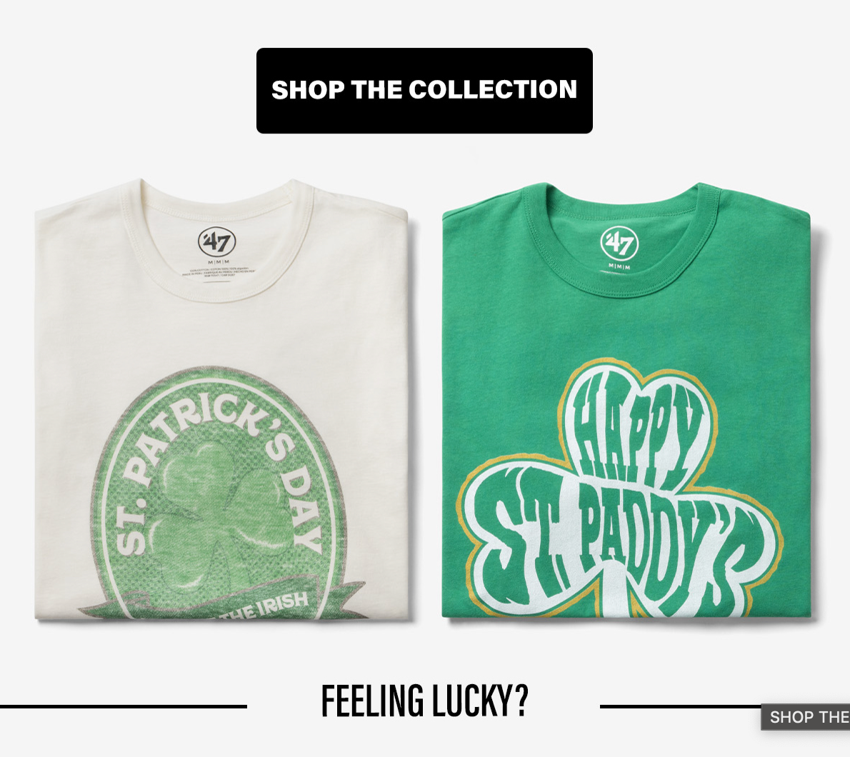 Two St. Patrick's Day themed t-shirts in green and white with shamrock designs and festive text displayed side by side.