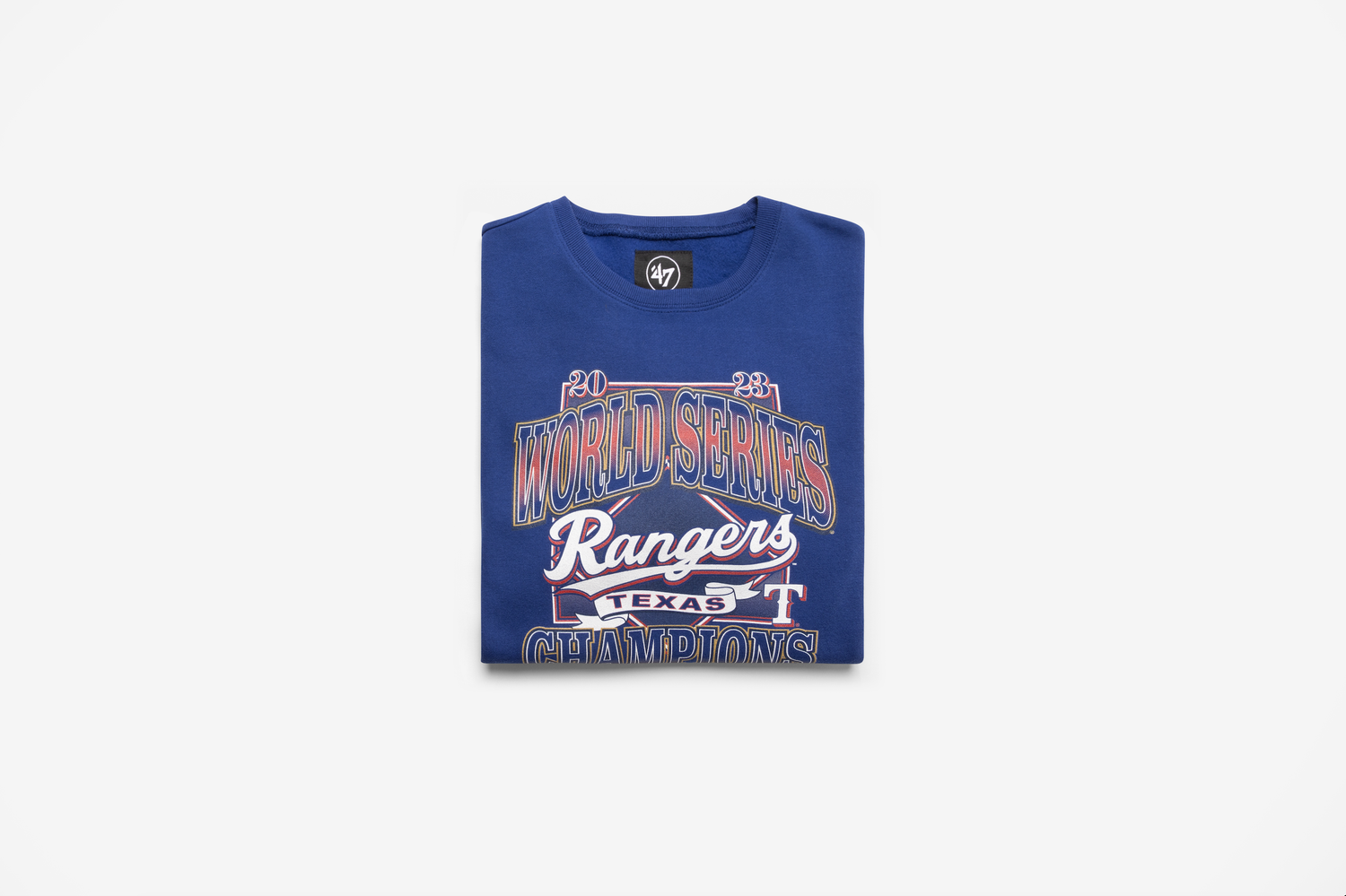Blue Texas Rangers baseball jersey with team branding displayed on white background.