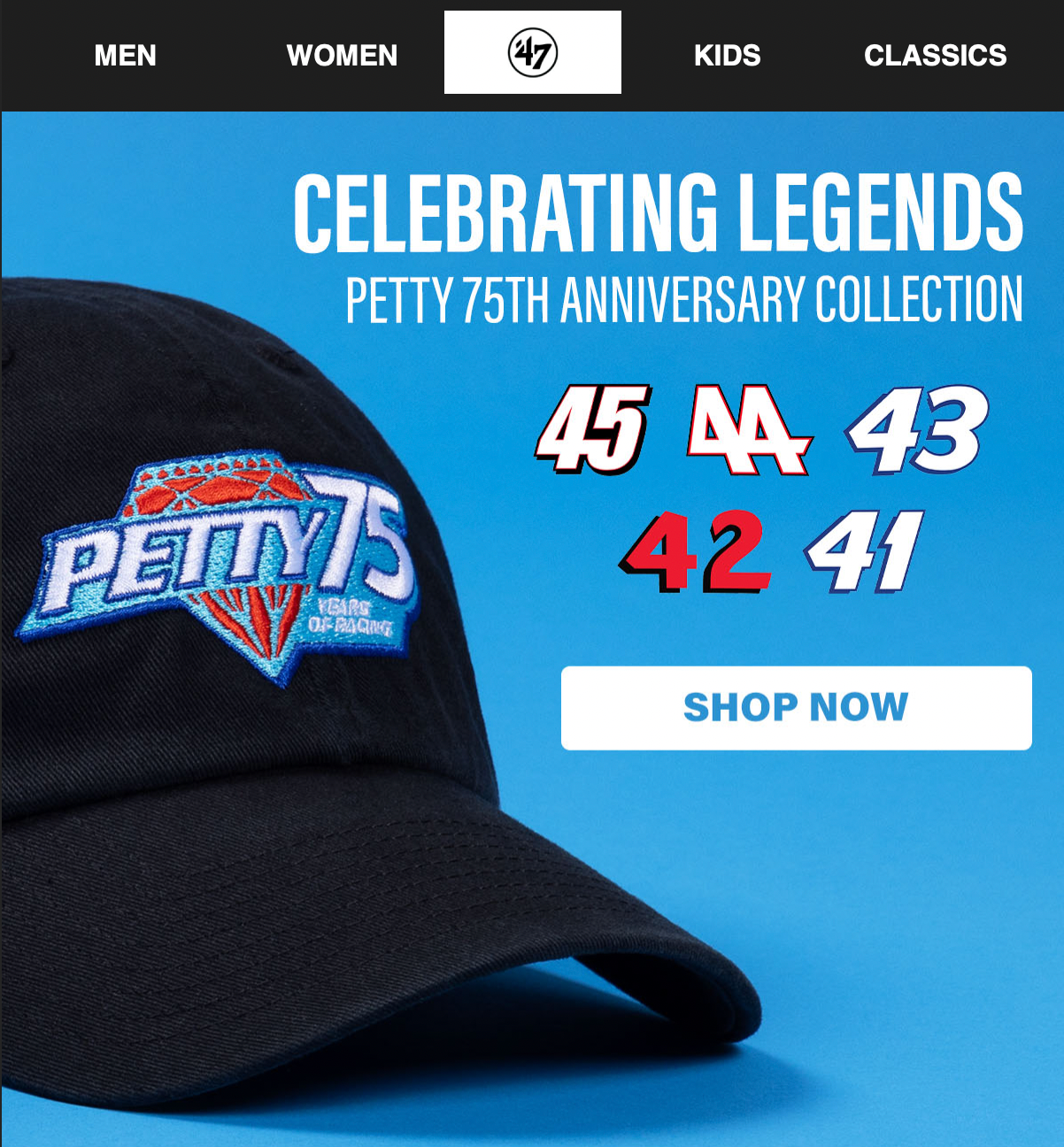Black baseball cap with racing numbers displayed in promotional banner for shop collection.