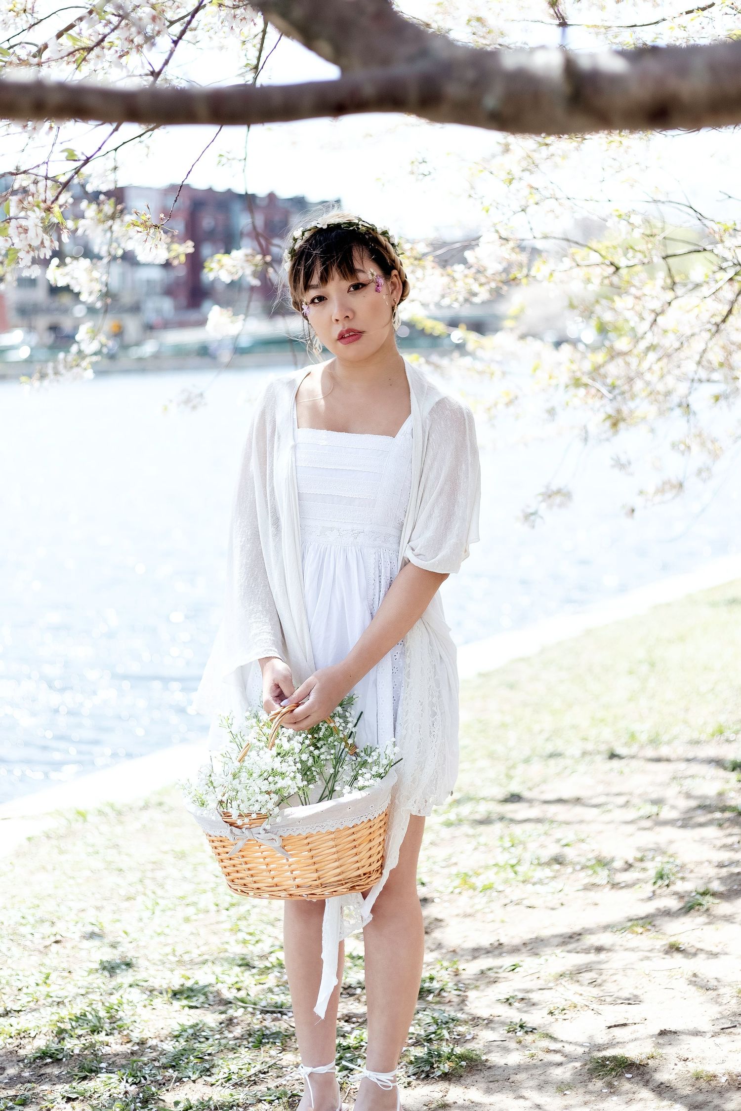Child in white dress playing under blooming cherry blossom trees on a sunny spring day.