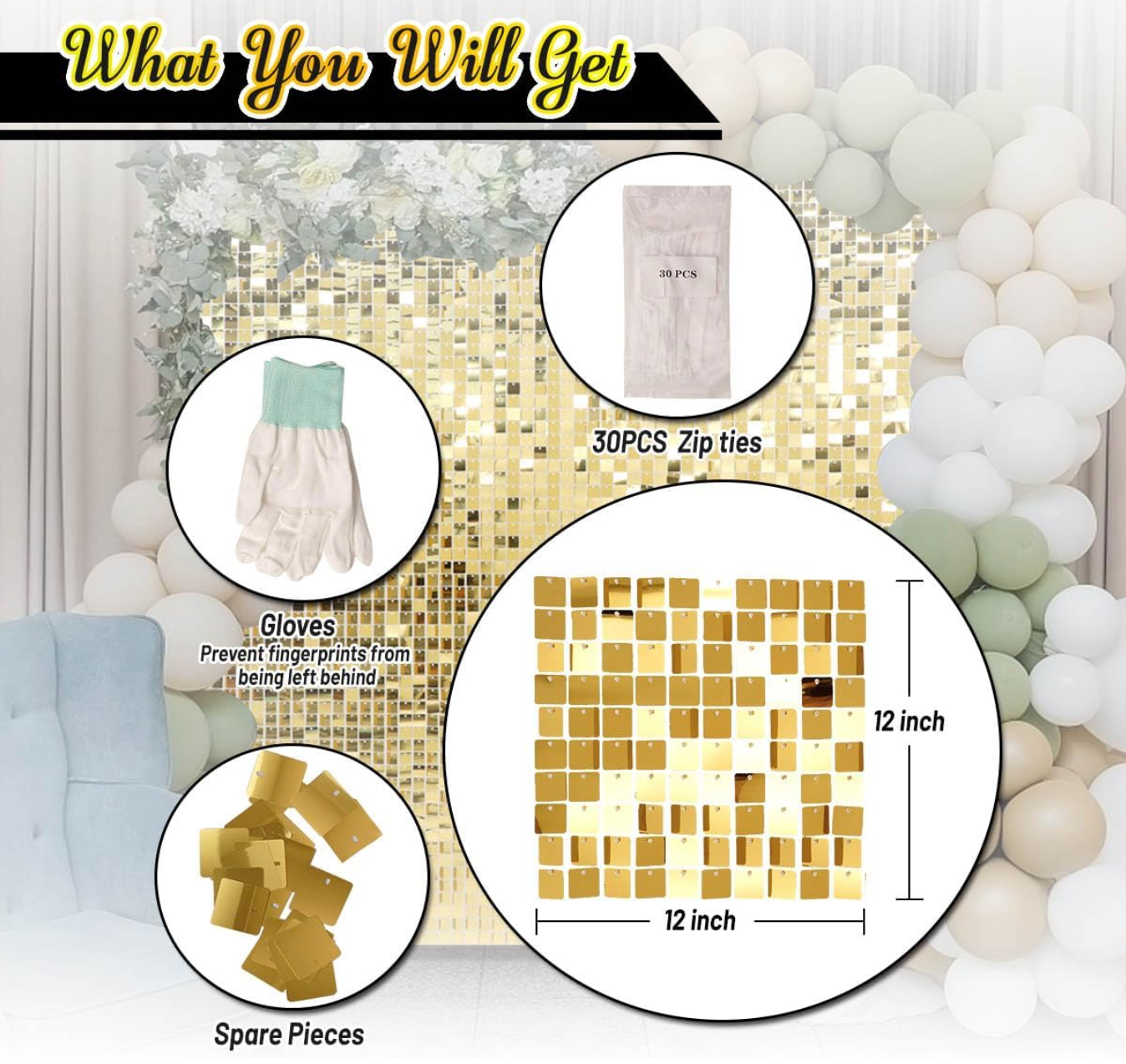 Gold shimmer sequin backdrop kit with gloves, zip ties, spare pieces, and 12x12 inch panels included.
