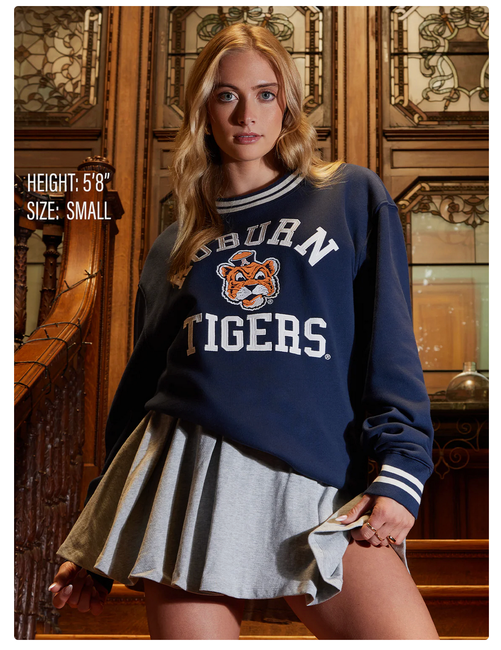 Navy Auburn Tigers collegiate cropped sweatshirt shown from multiple angles in vintage-style product photography.