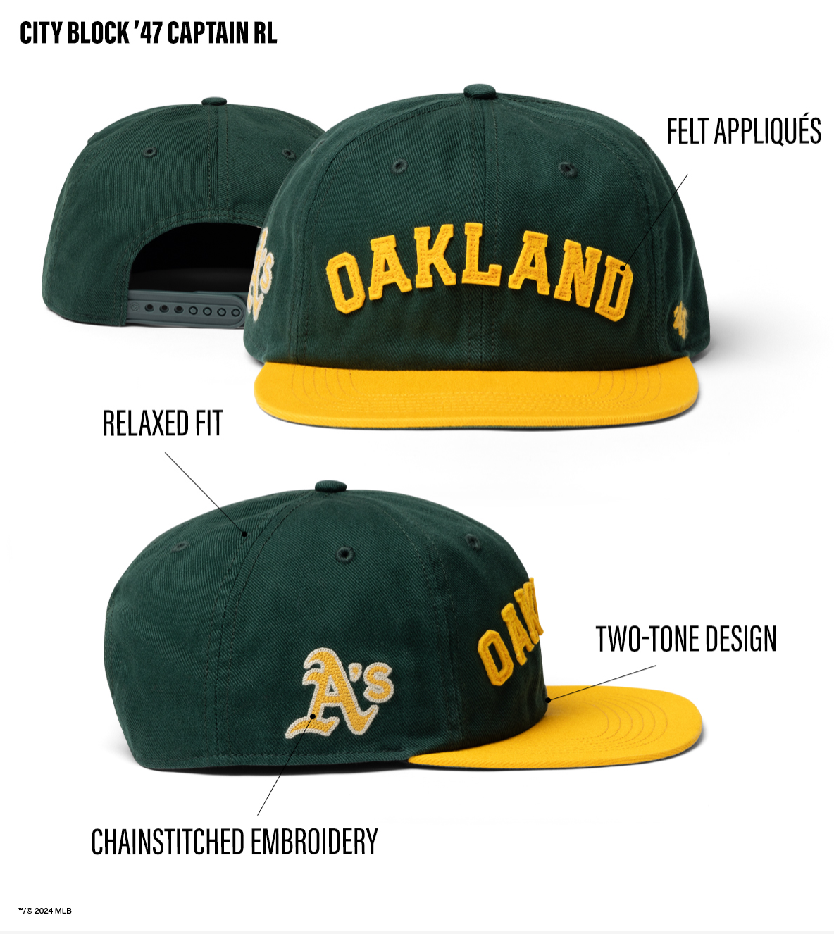 Green and yellow Oakland Athletics baseball cap shown from multiple angles featuring team logo and two-tone design.