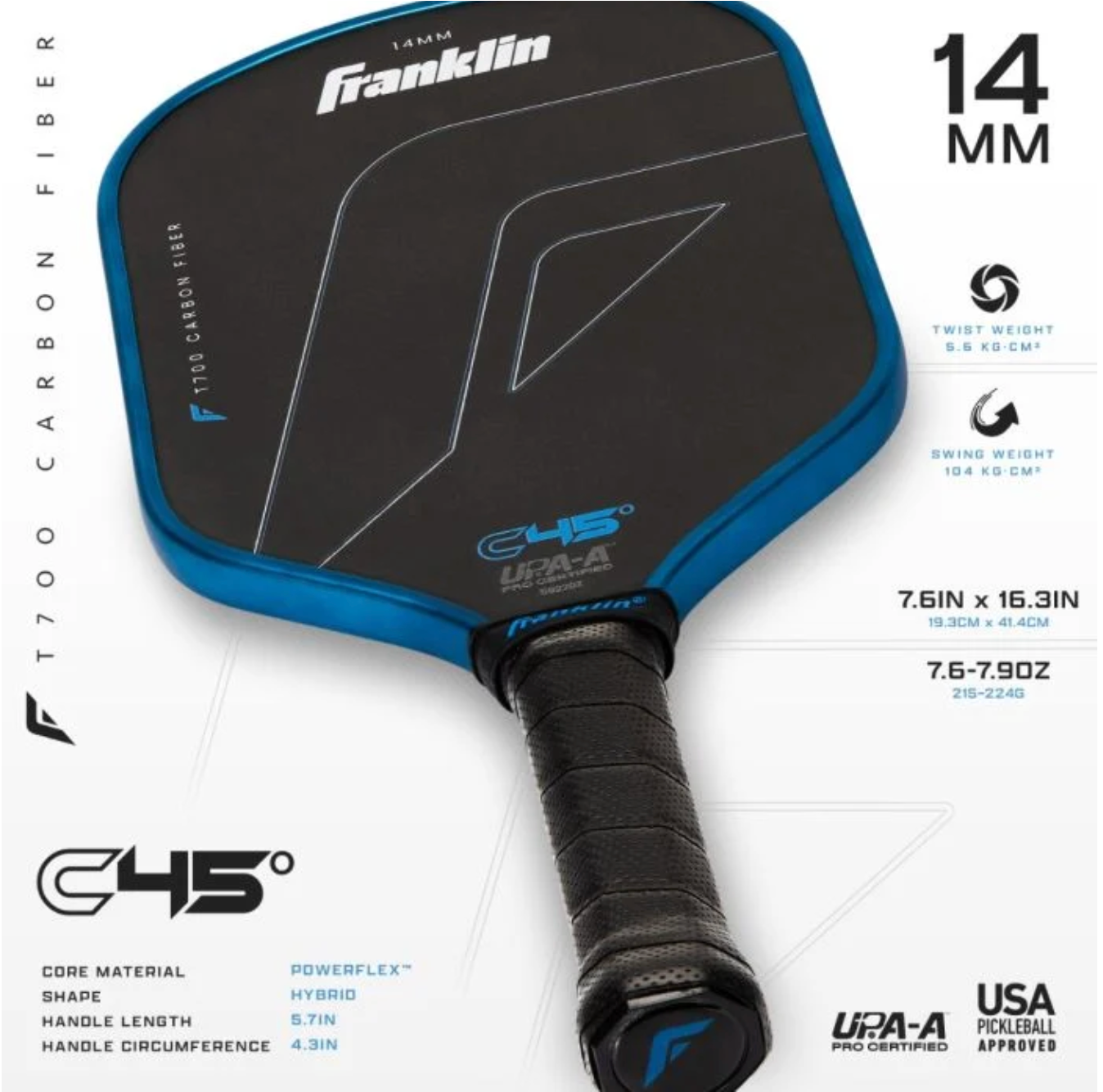 Franklin pickleball paddle with blue accents shown from multiple angles displaying technical specifications and details.