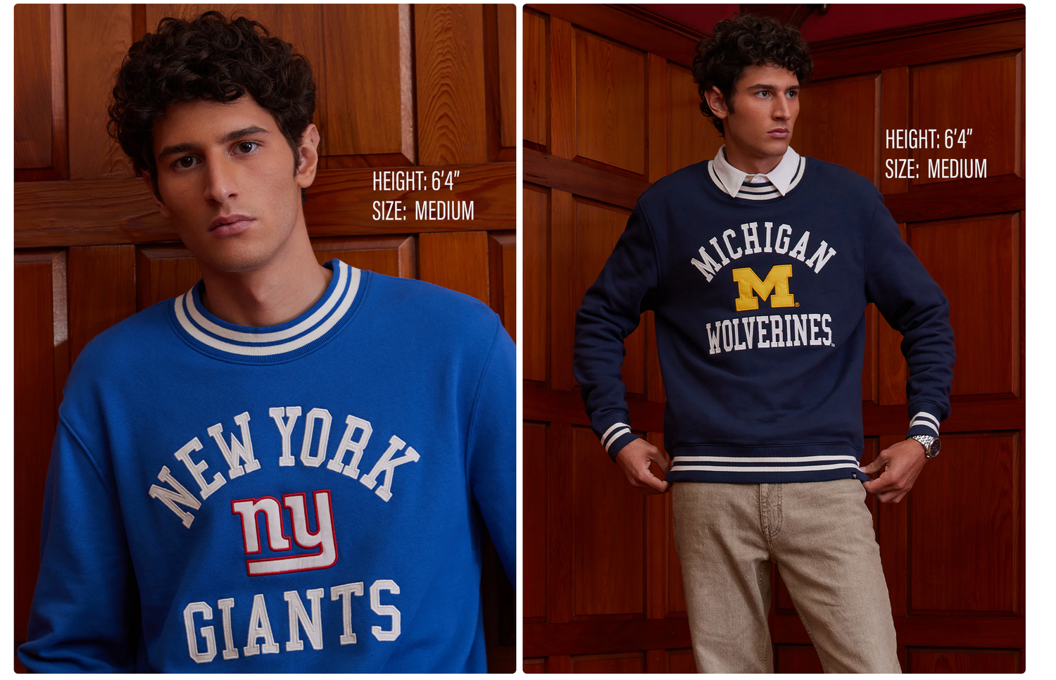 Two vintage-style varsity sweatshirts shown side by side featuring New York Giants and Michigan Wolverines team logos.