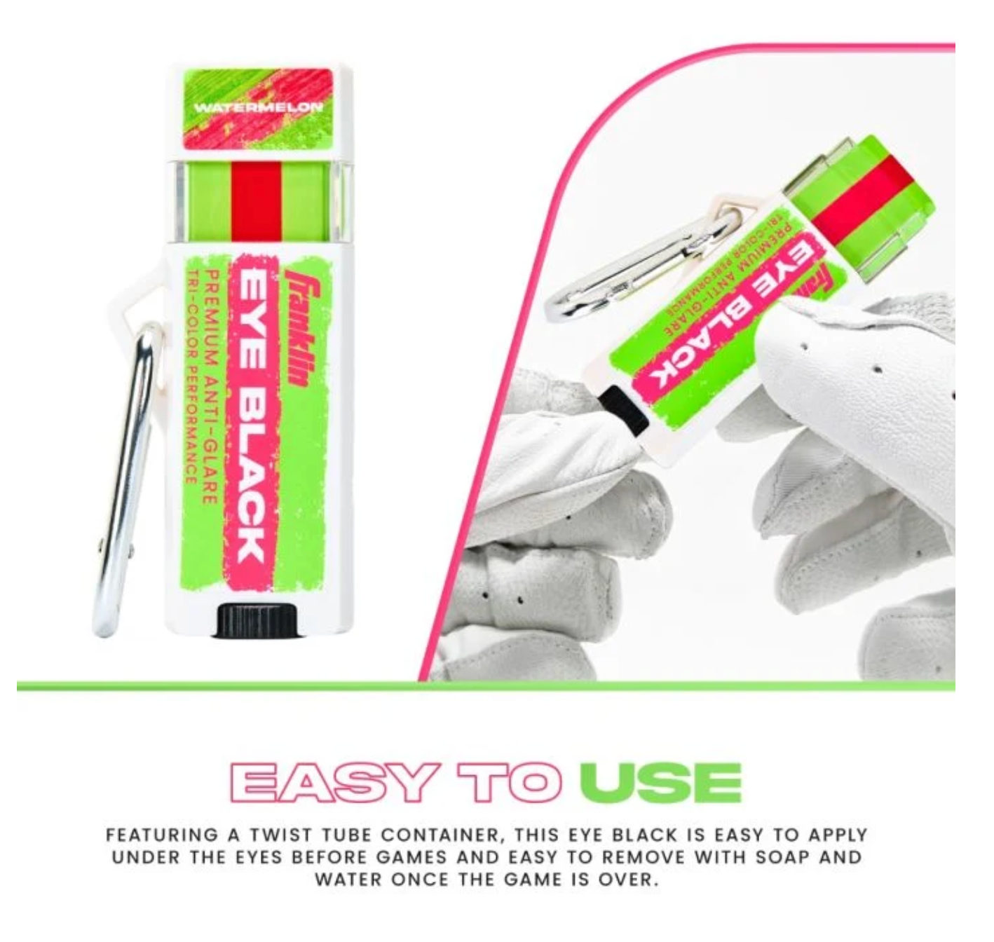 Step by step visual instructions showing how to apply eye black strips with green packaging elements.