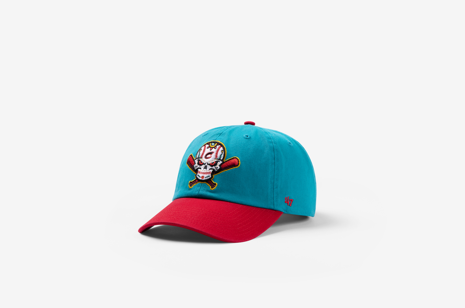 A teal blue baseball cap with red brim and small embroidered logo shown from three different angles.