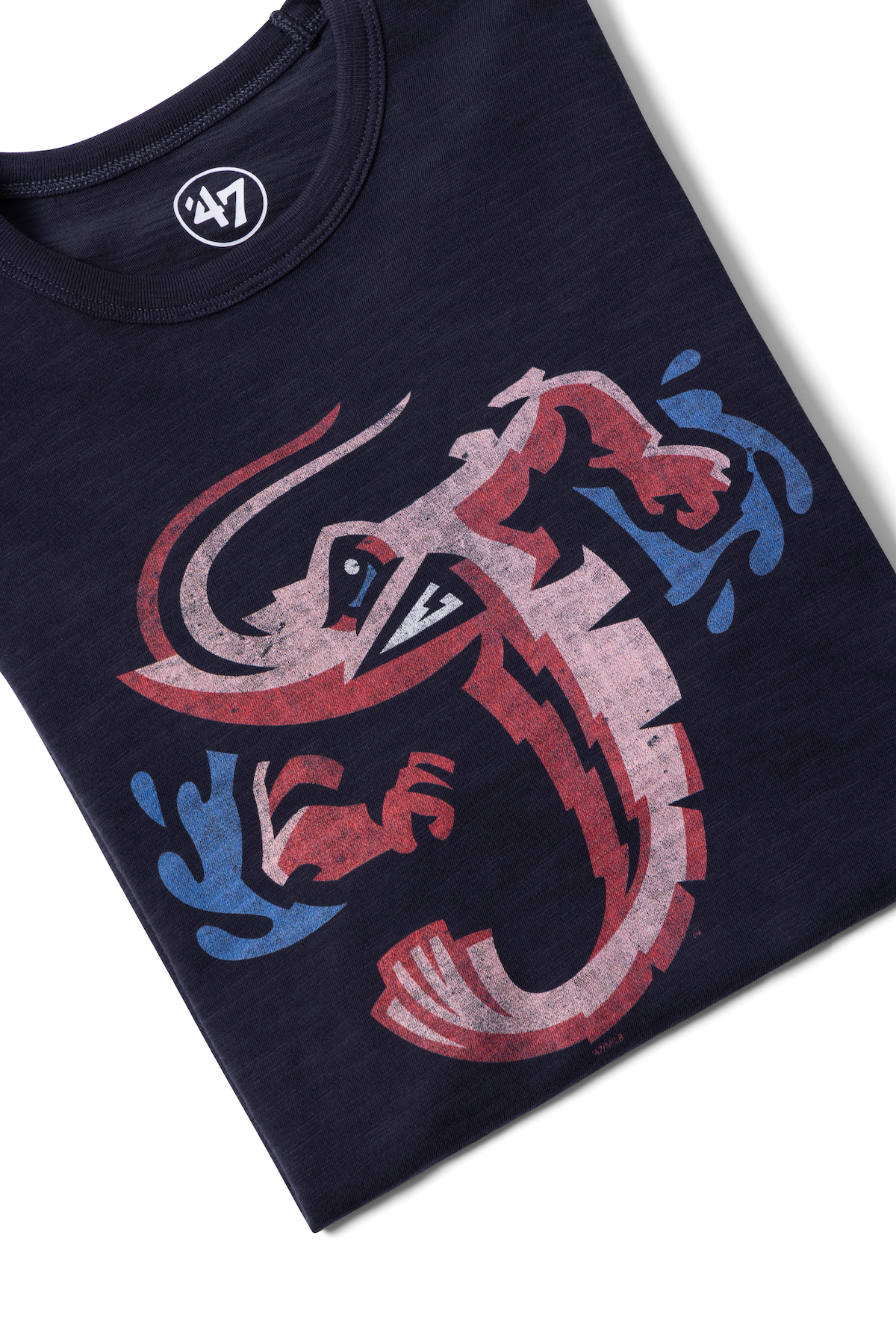 Navy blue t-shirt with artistic pink and blue swirl design shown from multiple folded angles.