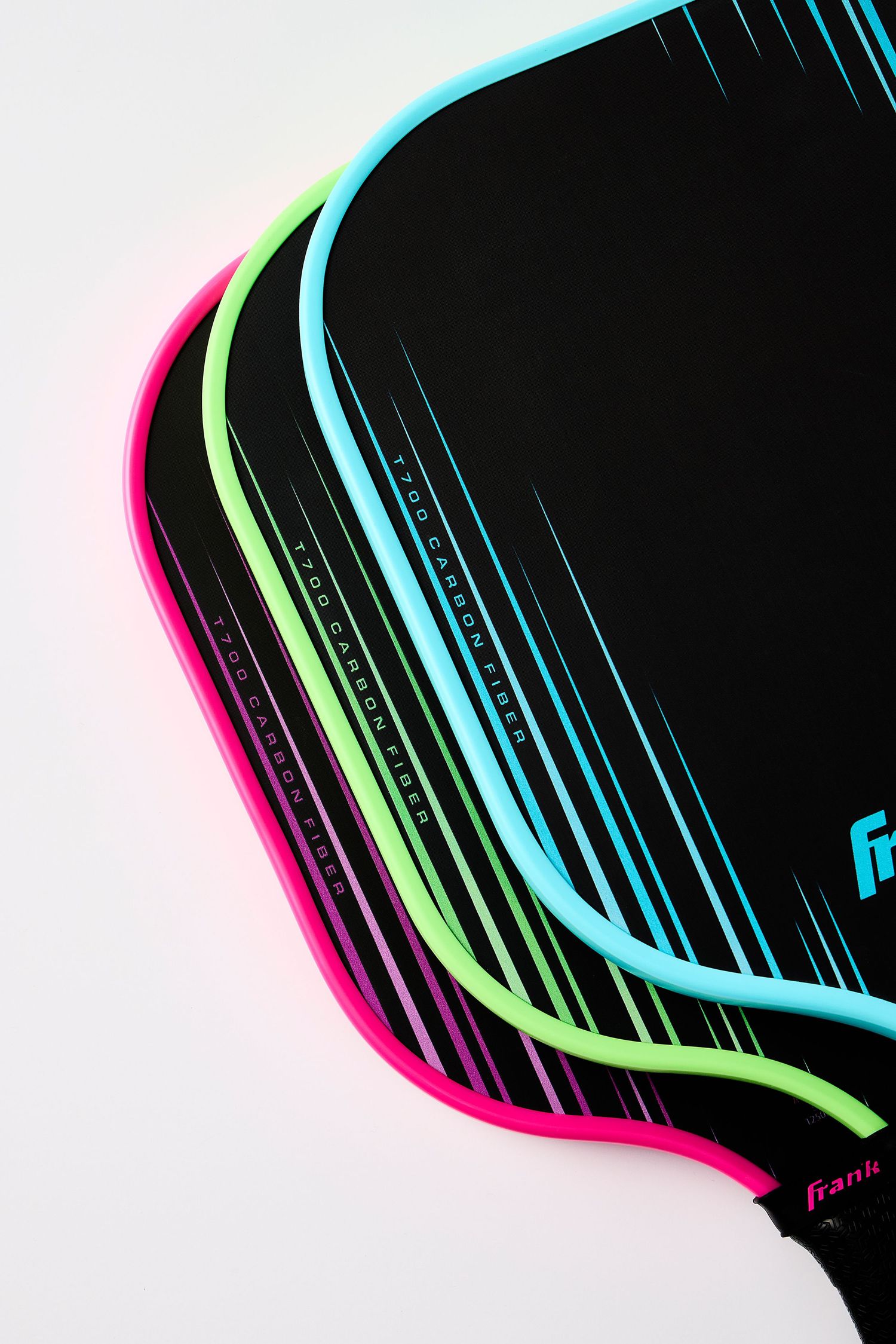 Abstract black silhouette design with neon pink, blue and green gradient accents creating a dynamic diagonal composition.