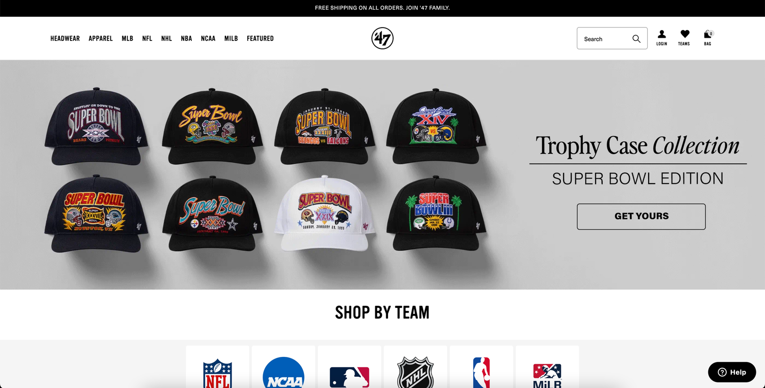 Sports merchandise website navigation showing team logos and categories for NFL, MLB, NBA, NHL and other leagues.