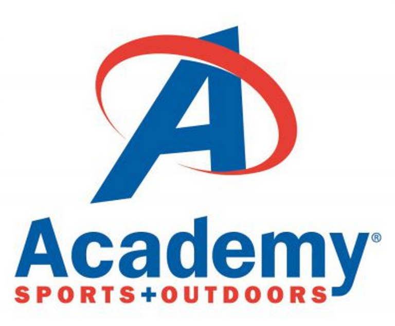 Academy Sports + Outdoors logo featuring blue A with red swoosh design.