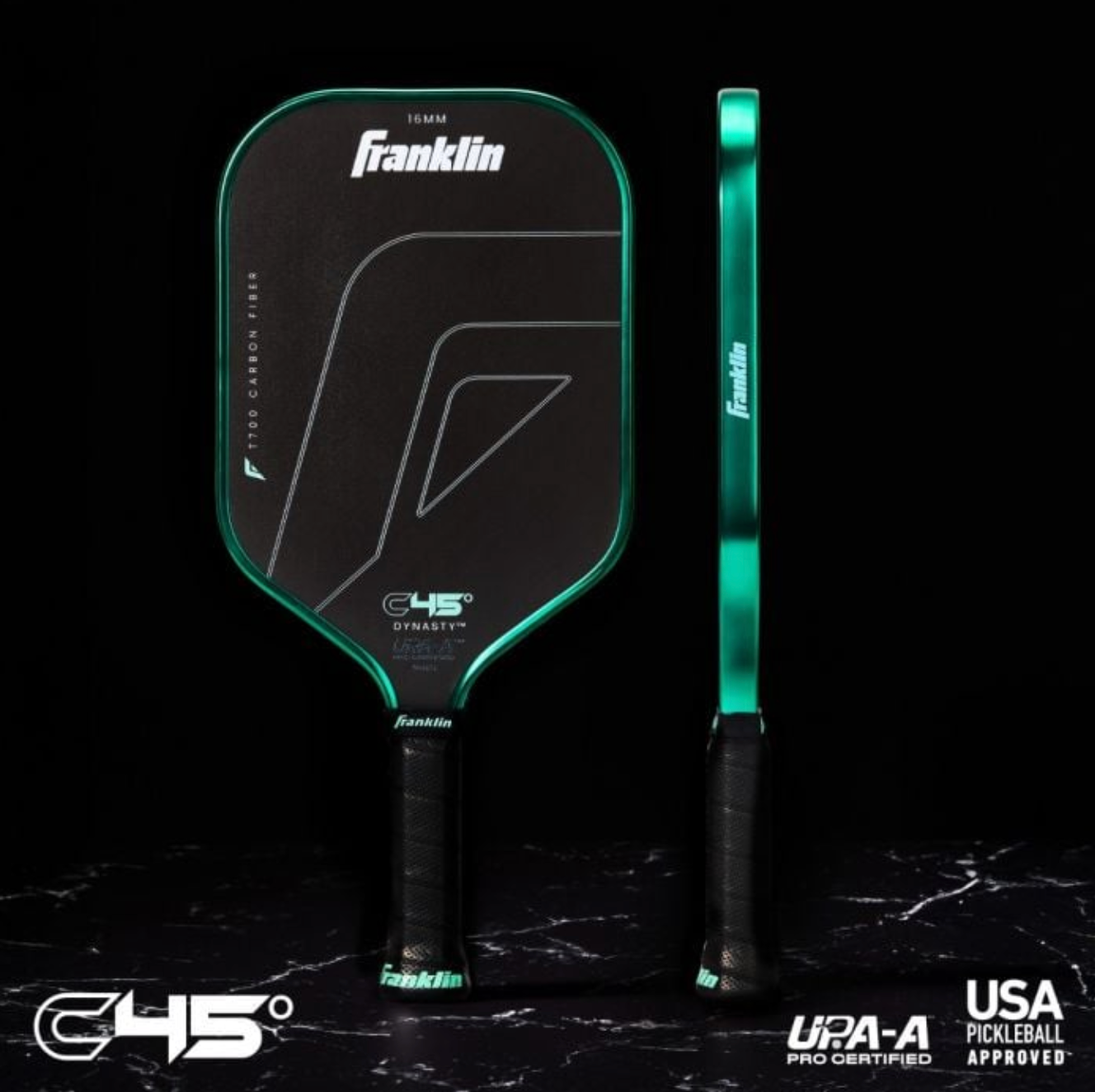 Green Franklin pickleball paddle with neon green accents shown from multiple angles against dark background.