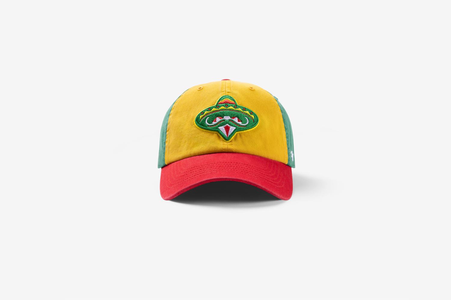 Colorful baseball caps arranged in a row showing different styles and bright colors against a white background.