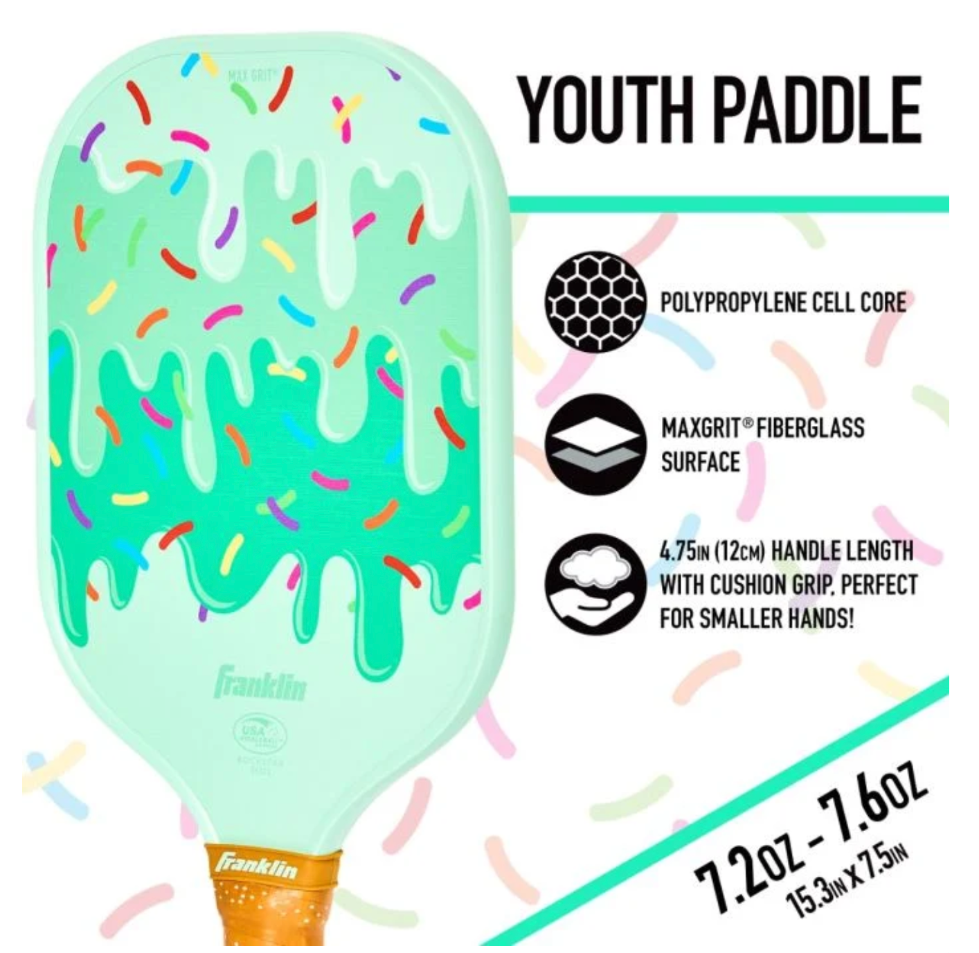 Colorful infographic showing technical specifications and features of youth paddle boards with turquoise drip design.