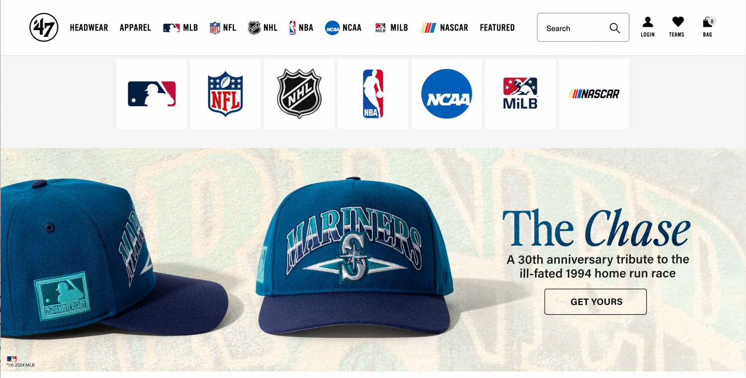 Sports merchandise website header showing MLB, NFL, NHL, NBA, NCAA and MLB logos above baseball caps for sale.