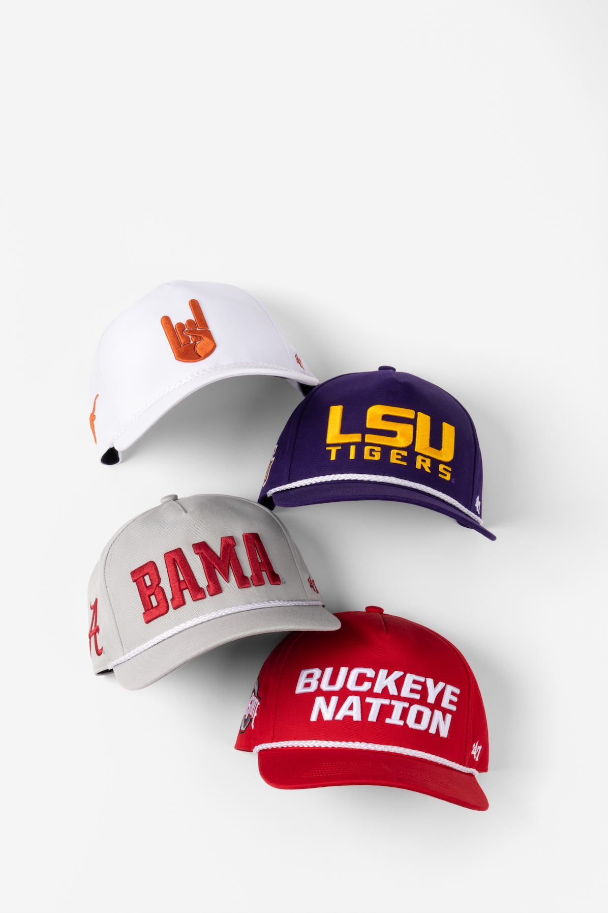 Collection of college sports team baseball caps including LSU Tigers, Buckeye Nation and Alabama in team colors.