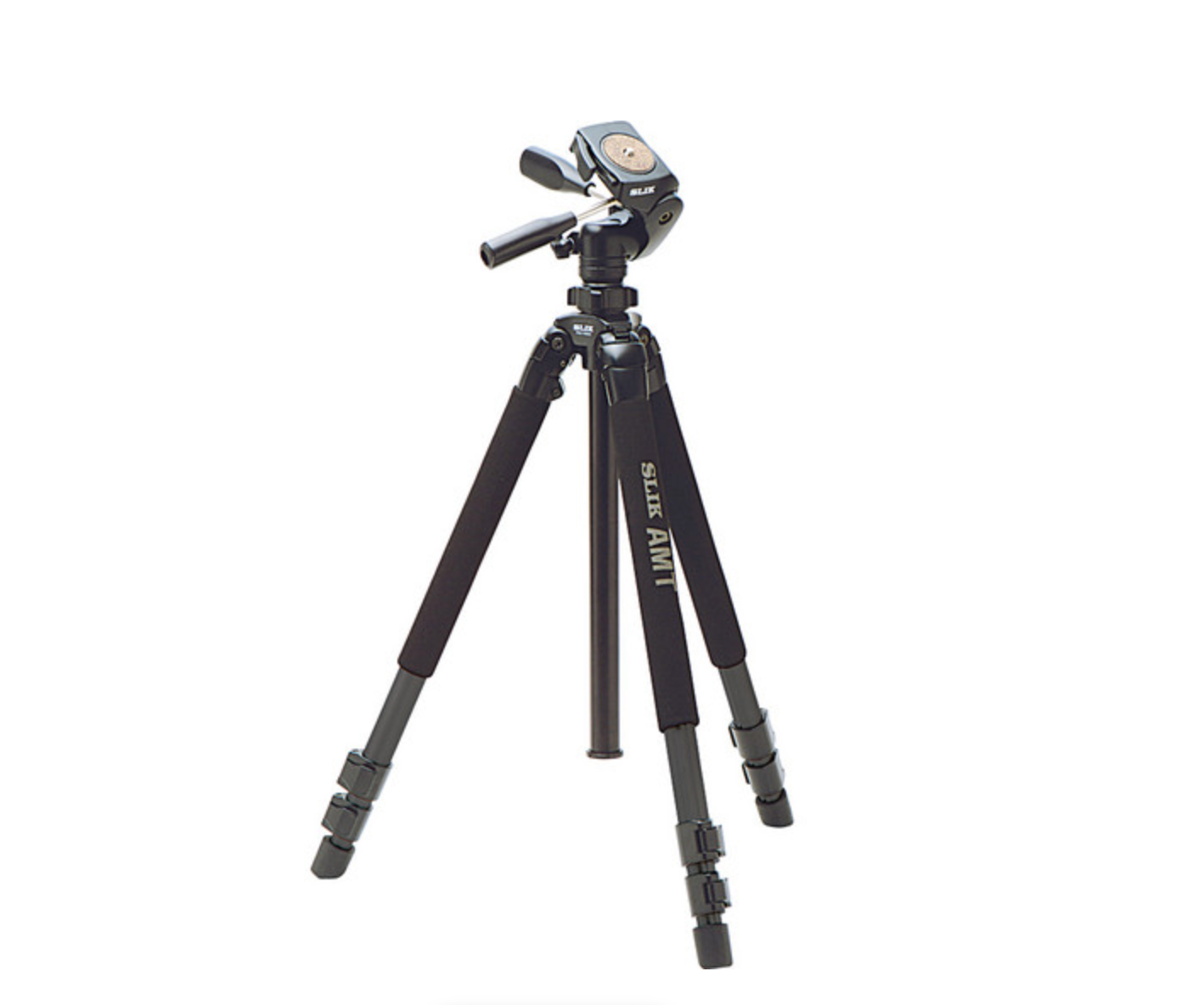 Black professional camera tripod with three adjustable legs and a pan head mount, isolated on white background.