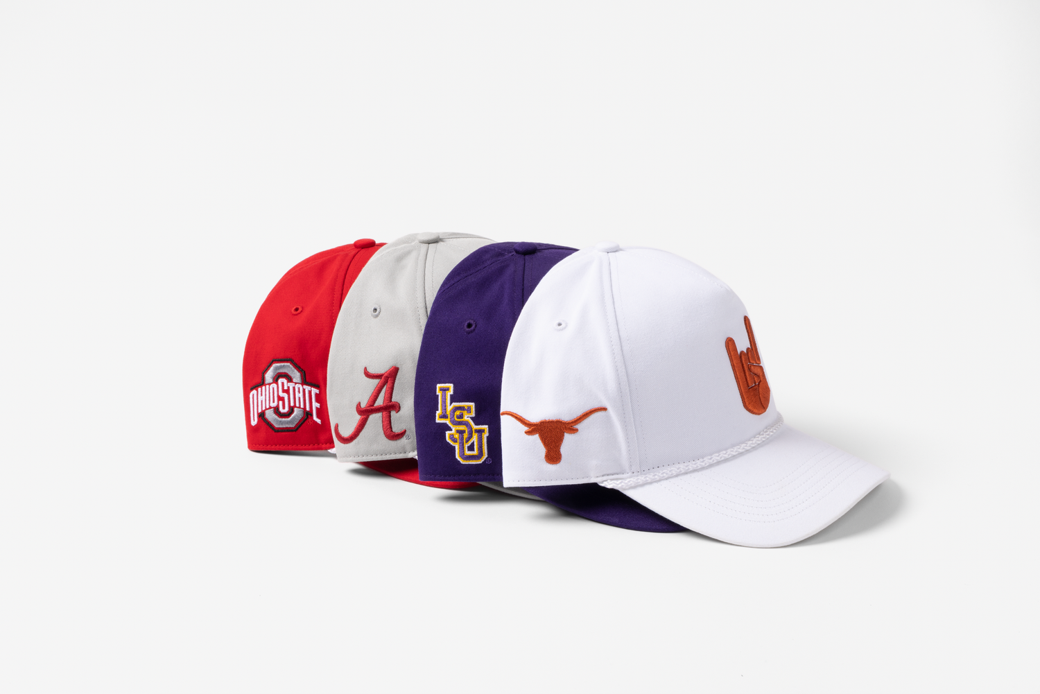 White baseball cap with red, purple and orange team logos displayed from multiple angles.