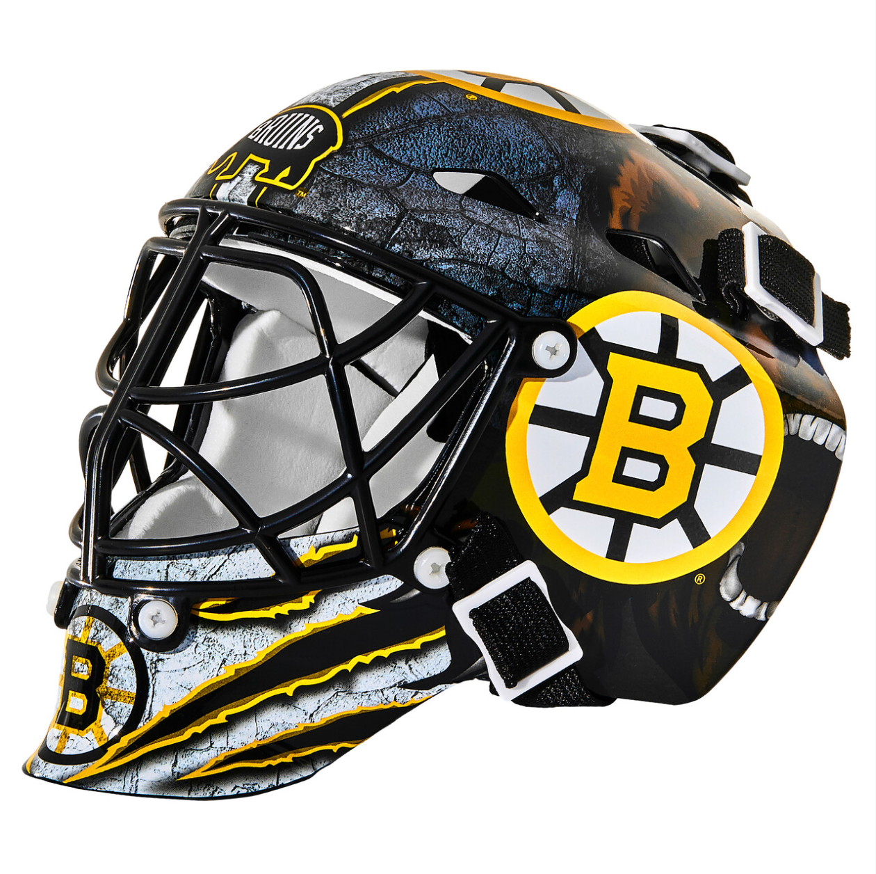 Multiple views of a Boston Bruins NHL goalie mask showing black and gold team colors with the spoked B logo design.
