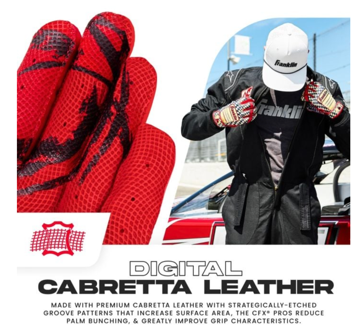 Close-up view of red textured leather material with perforated pattern showing surface detail and craftsmanship.