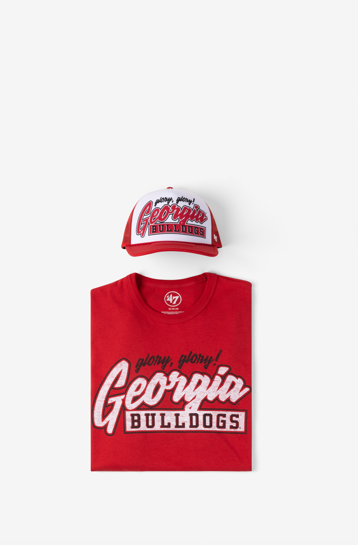 Red Georgia Bulldogs merchandise collection featuring a t-shirt and baseball cap with classic team branding.